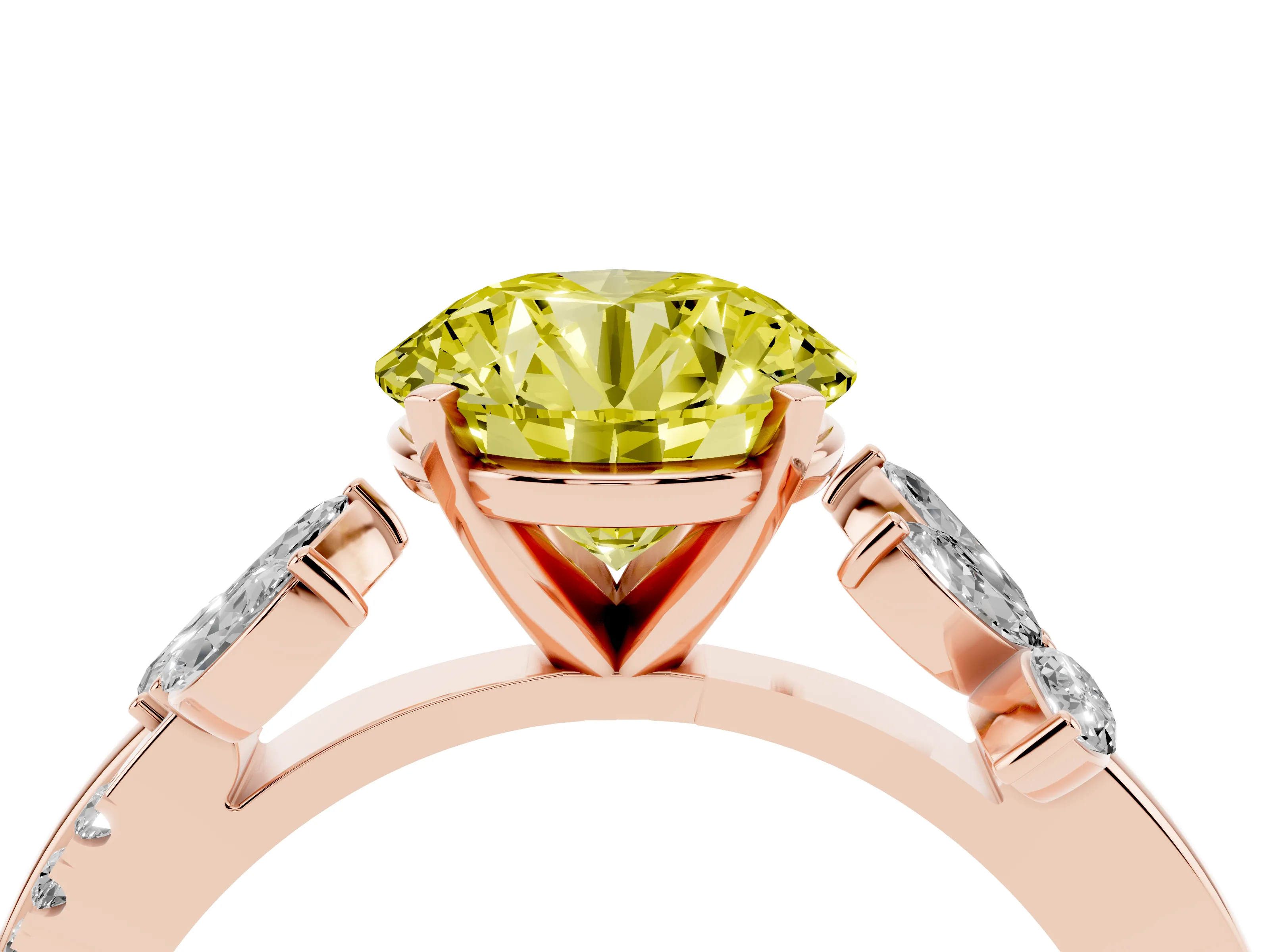 Fancy Yellow Round Cut Diamond Floral Vine Solitaire Engagement Ring Set in Rose gold with Marquise Leaves