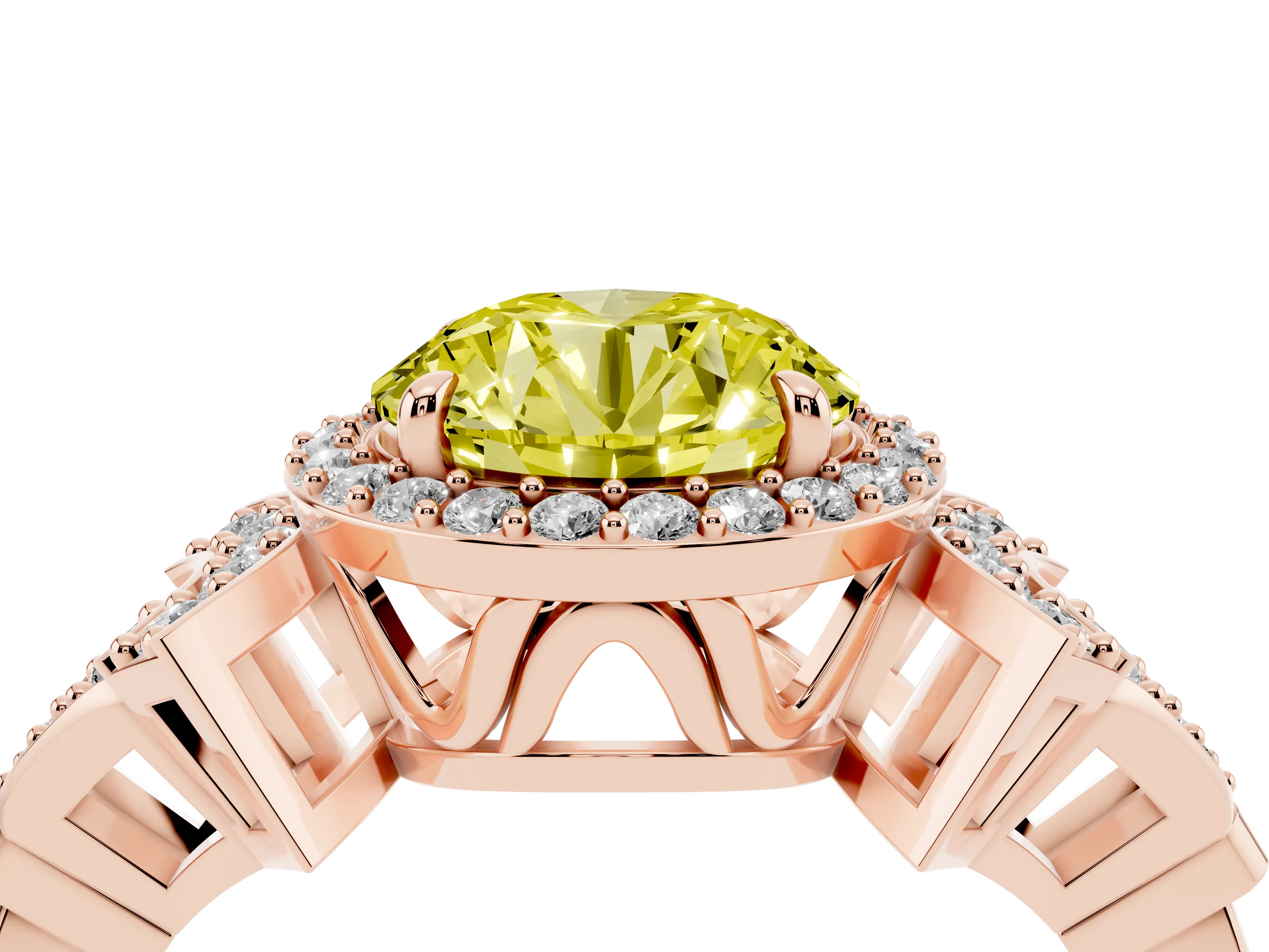 Fancy Yellow Round Cut Diamond Halo Engagement Ring Set in Rose gold with Accent Stone Split Shank