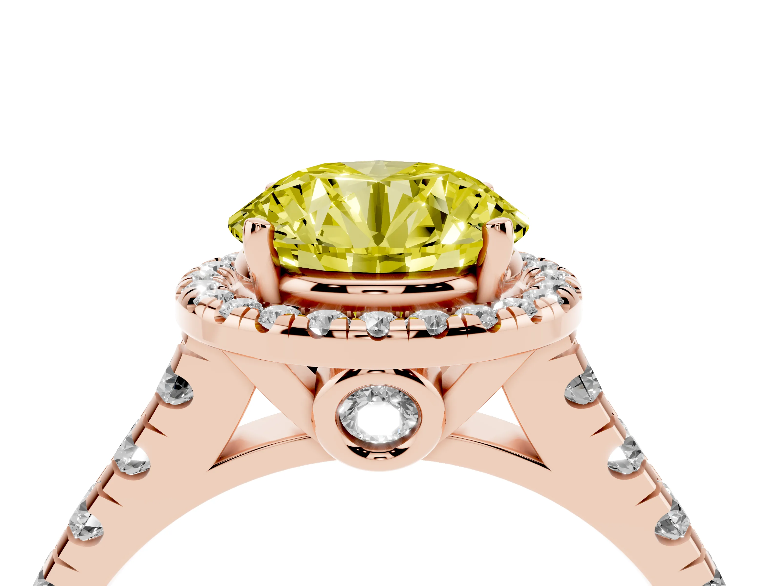 Fancy Yellow Round Cut Diamond Halo Engagement Ring Set in Rose gold with Pavé Band and Prong-Set Center