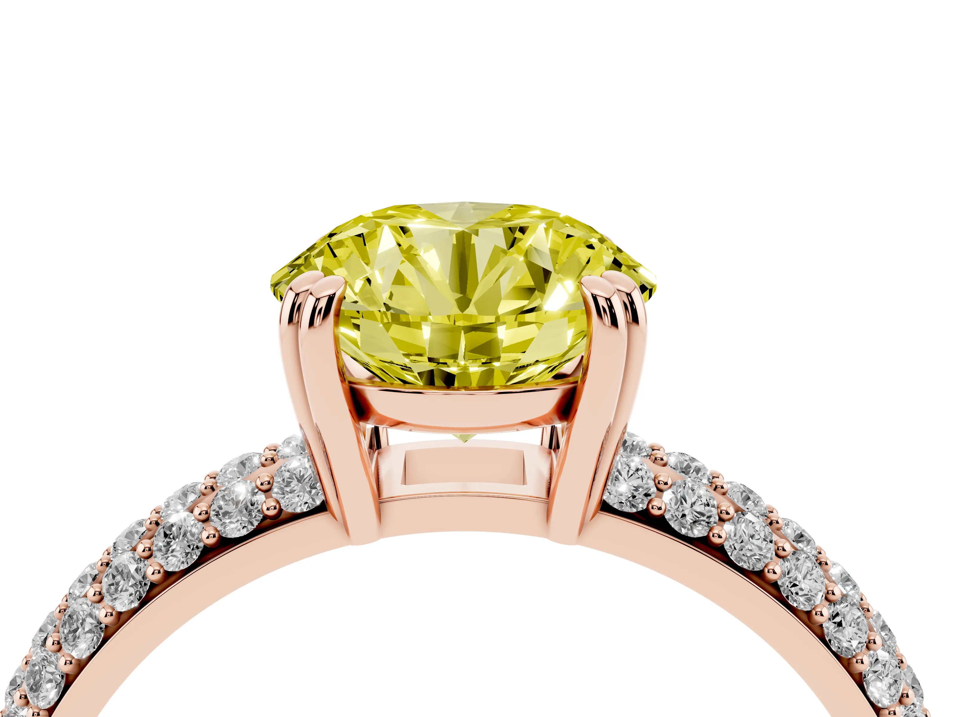 Fancy Yellow Round Cut Diamond Solitaire Ring Set in Rose gold with Multi-Row Round Pavé Band and Prong Setting