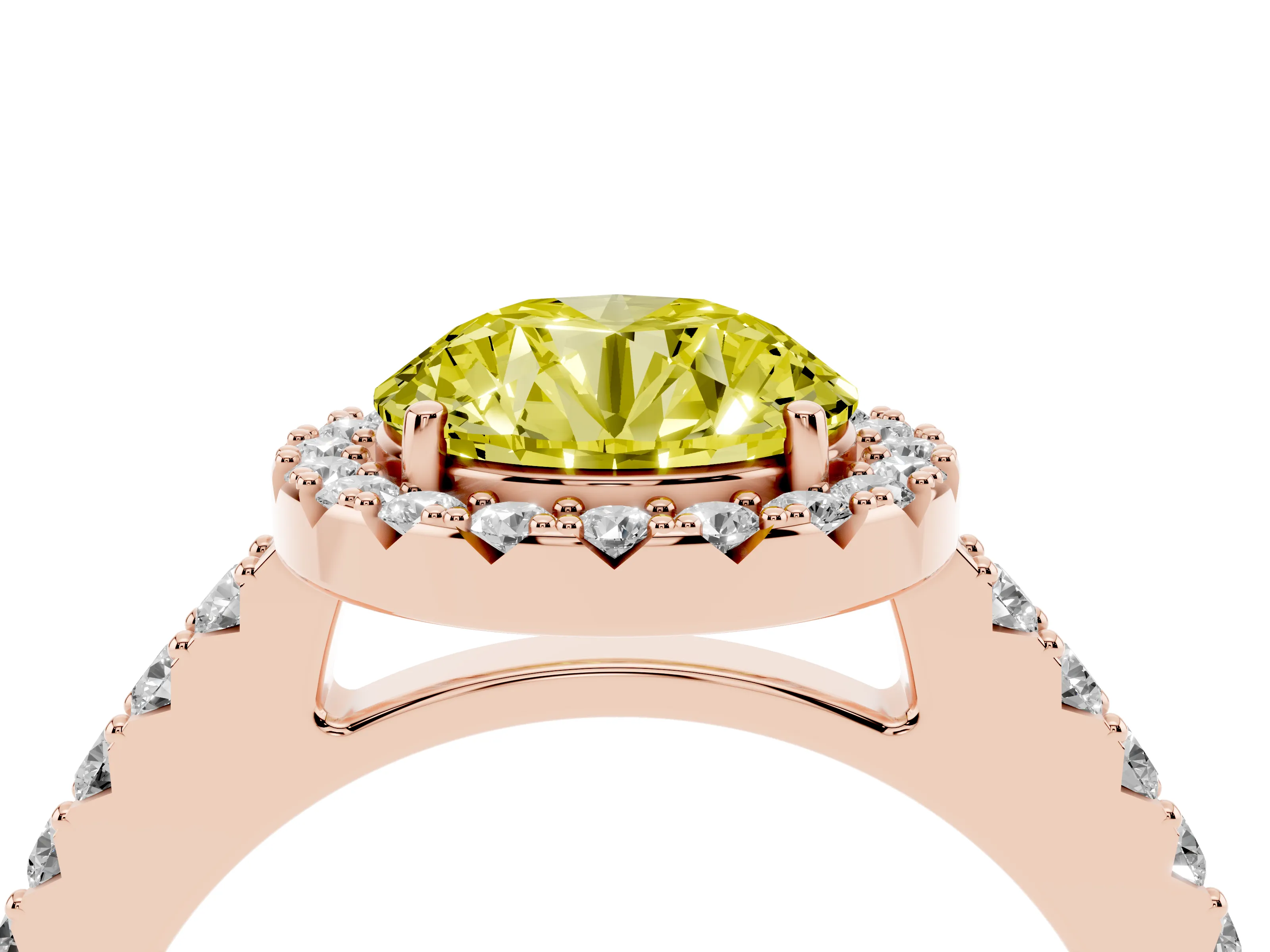 Fancy Yellow Round Cut Diamond Halo Pavé Solitaire Ring Set in Rose gold with Prong-Set Center Stone