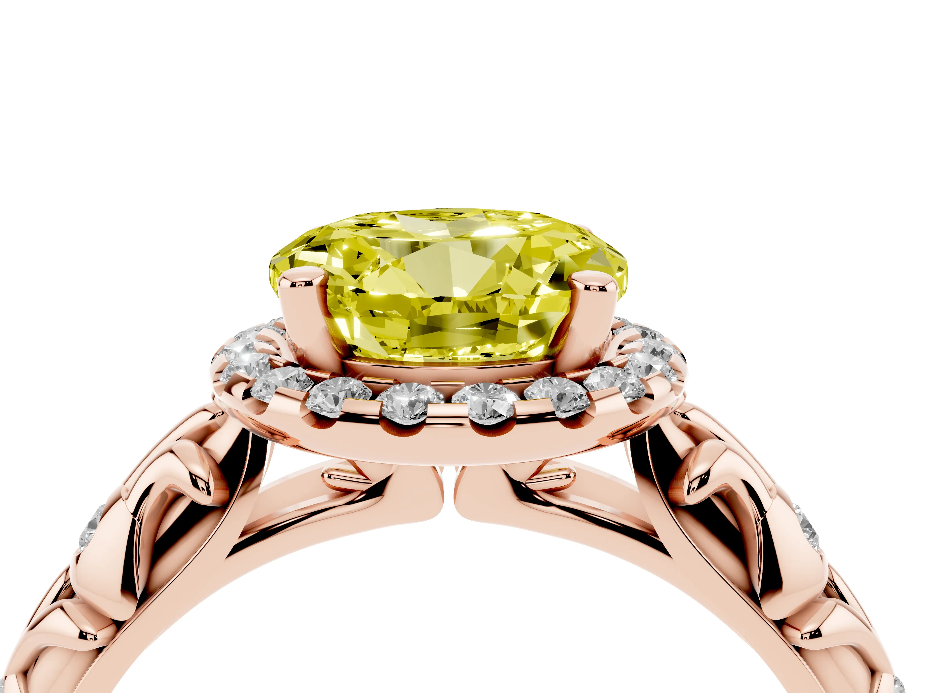 Fancy Yellow Round Cut Diamond Halo Ring Set in Rose gold with Filigree Leaf Band and Prong Setting