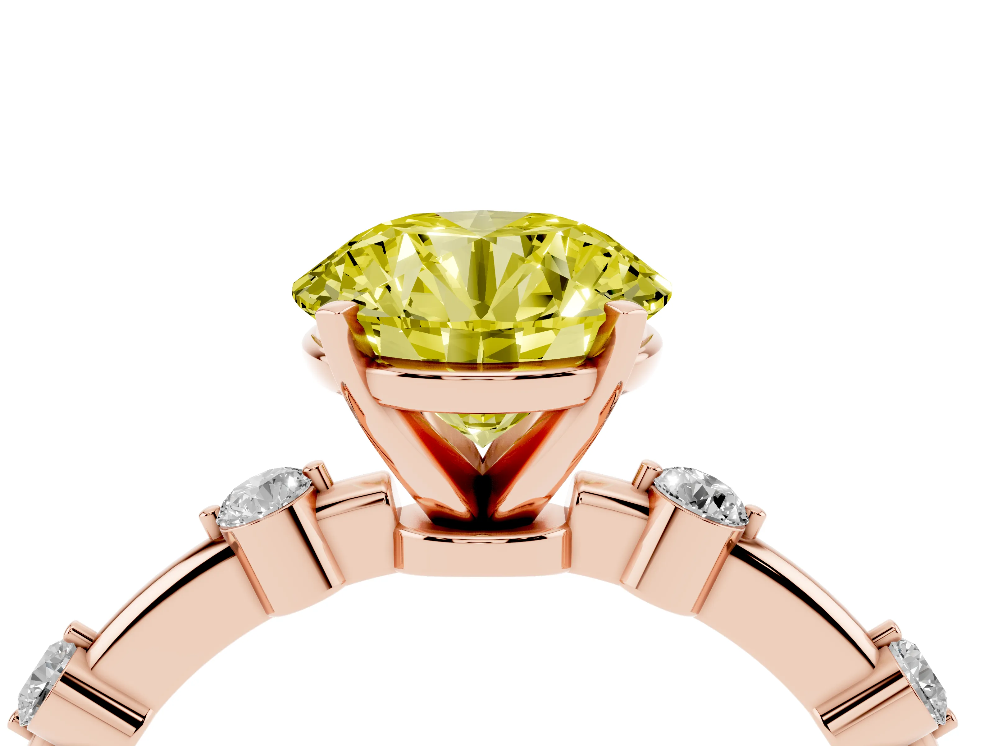 Fancy Yellow Round Cut Diamond Solitaire Ring Set in Rose gold with Bezel Set Side Stones and Prong Setting