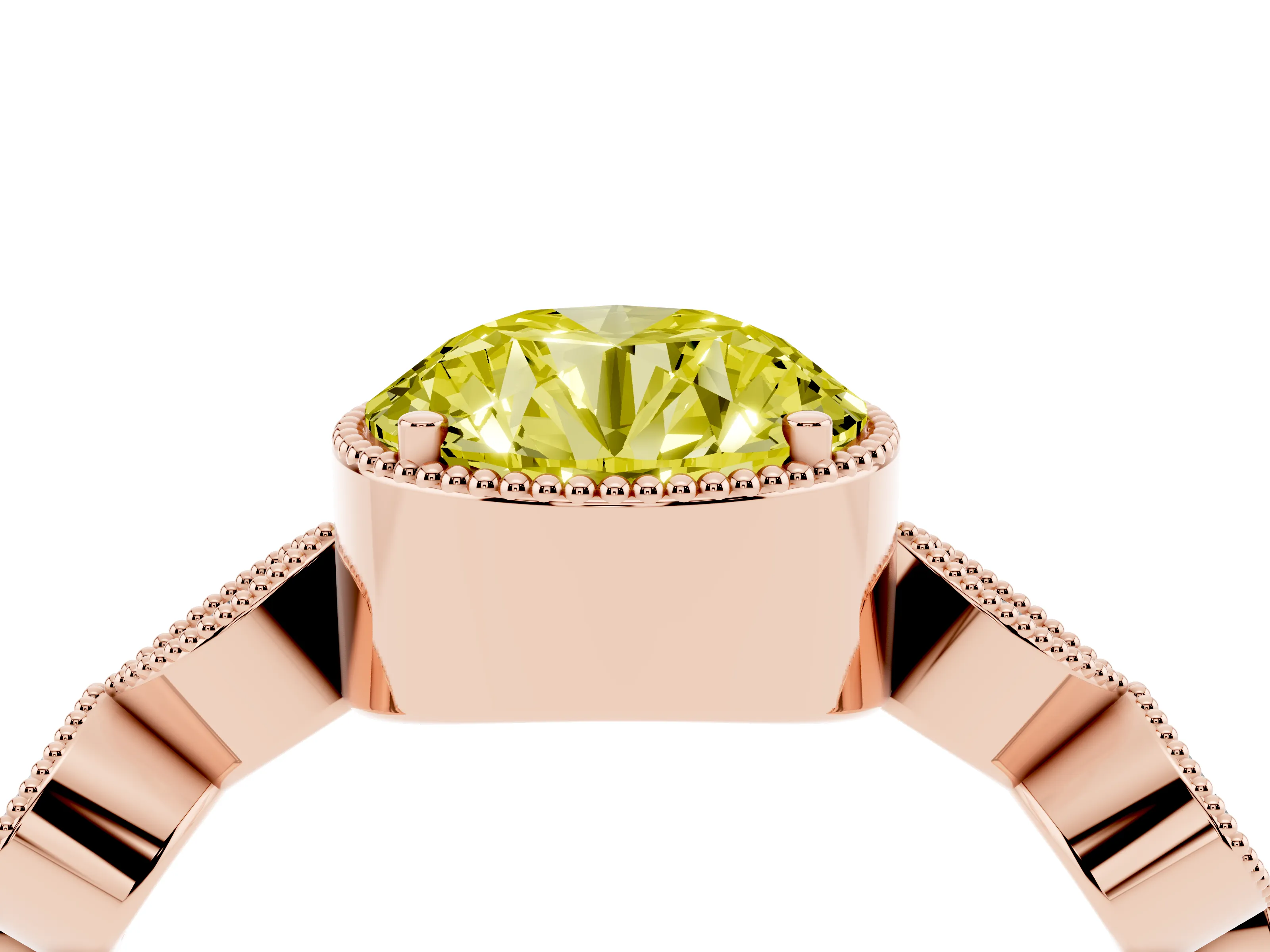 Fancy Yellow Round Cut Diamond Vintage-Inspired Milgrain Ring Set in Rose gold with Marquise Stations of Round Accents