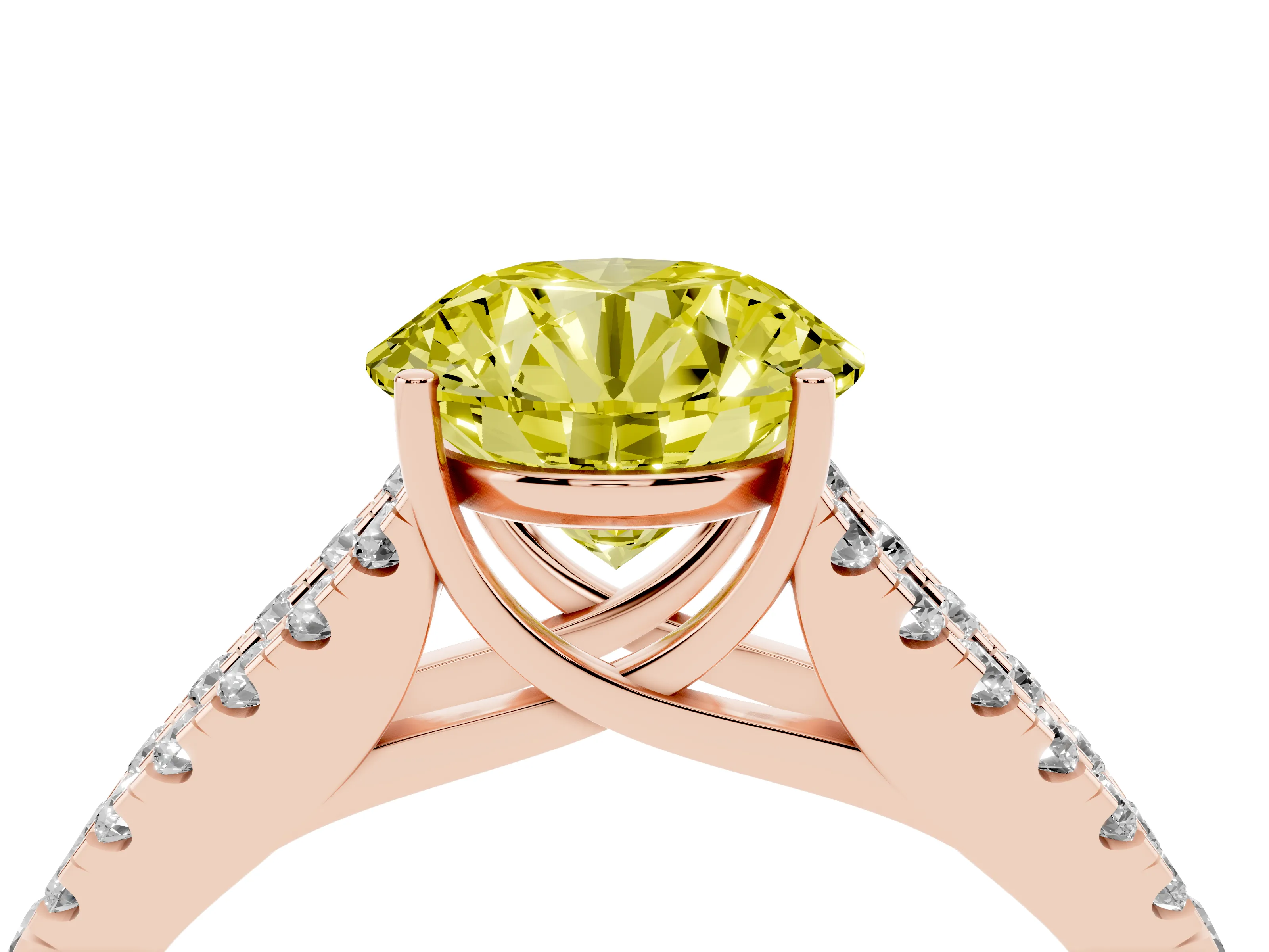 Fancy Yellow Round Cut Diamond Split Shank Pavé Engagement Ring Set in Rose gold with Prong-Held Center Stone