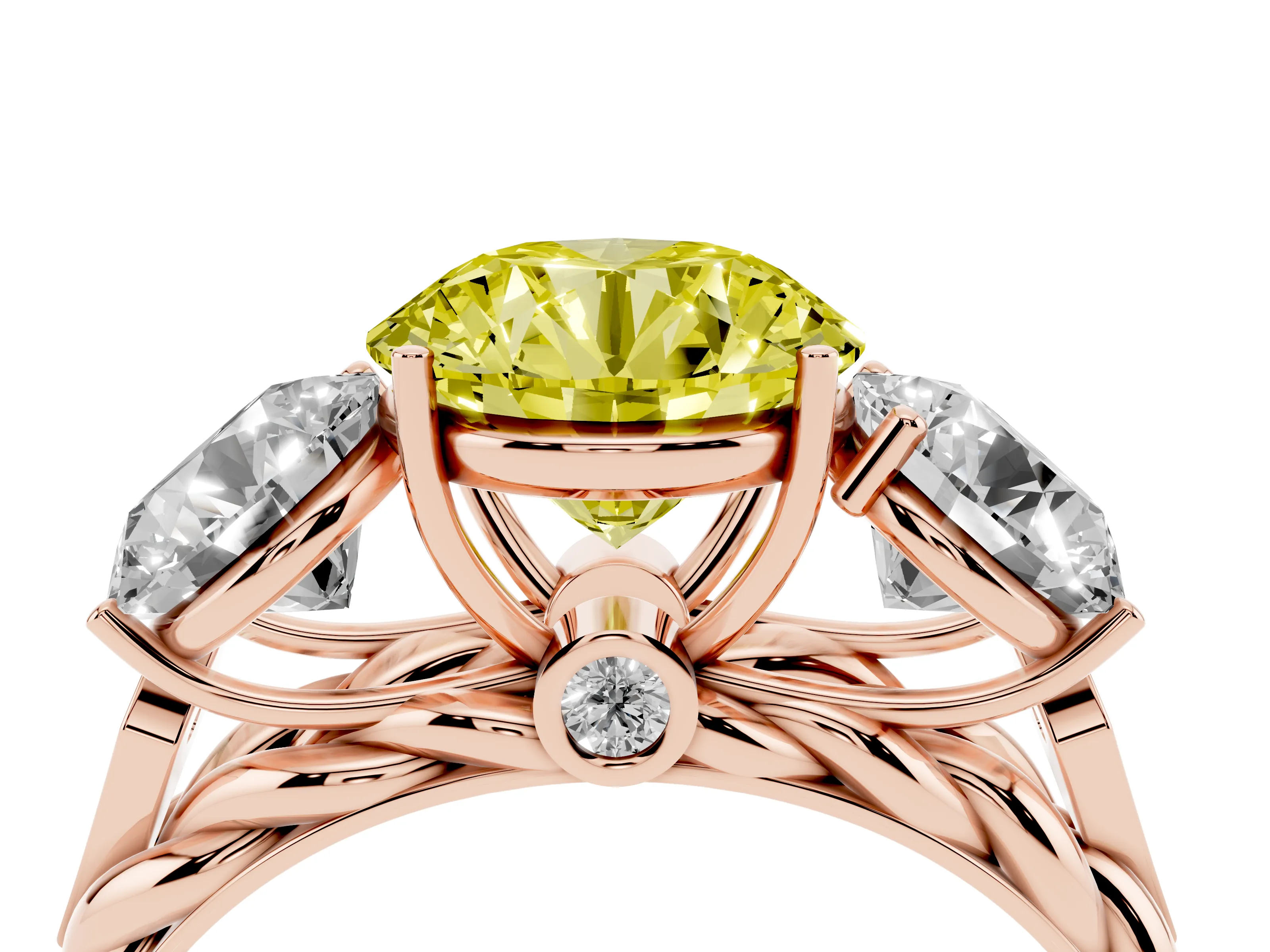 Fancy Yellow Round Cut Diamond Three-Stone Ring Set in Rose gold with Braided Band