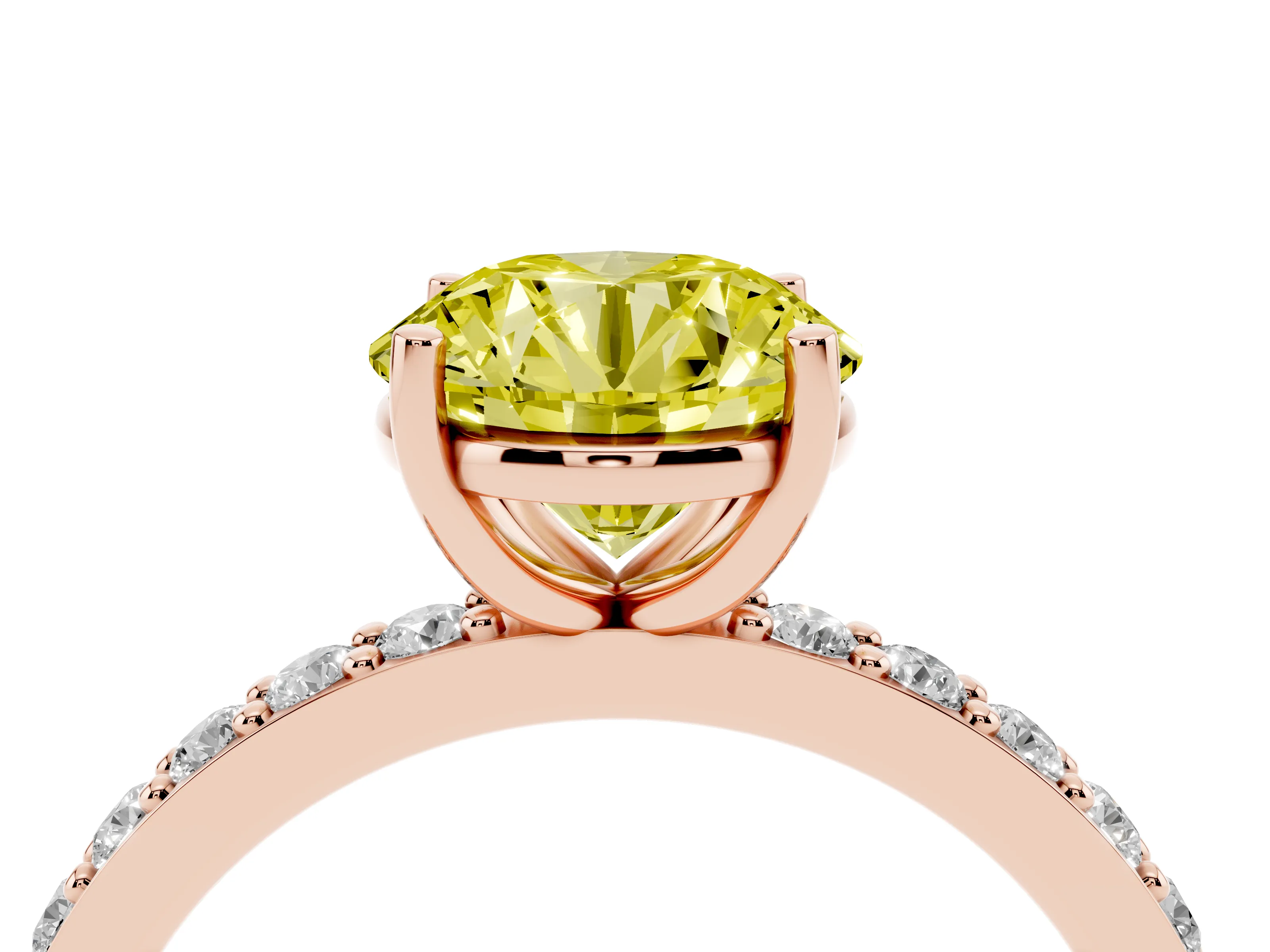 Fancy Yellow Round Cut Diamond Solitaire Set in Rose gold with Round Pavé Band and Prong Setting