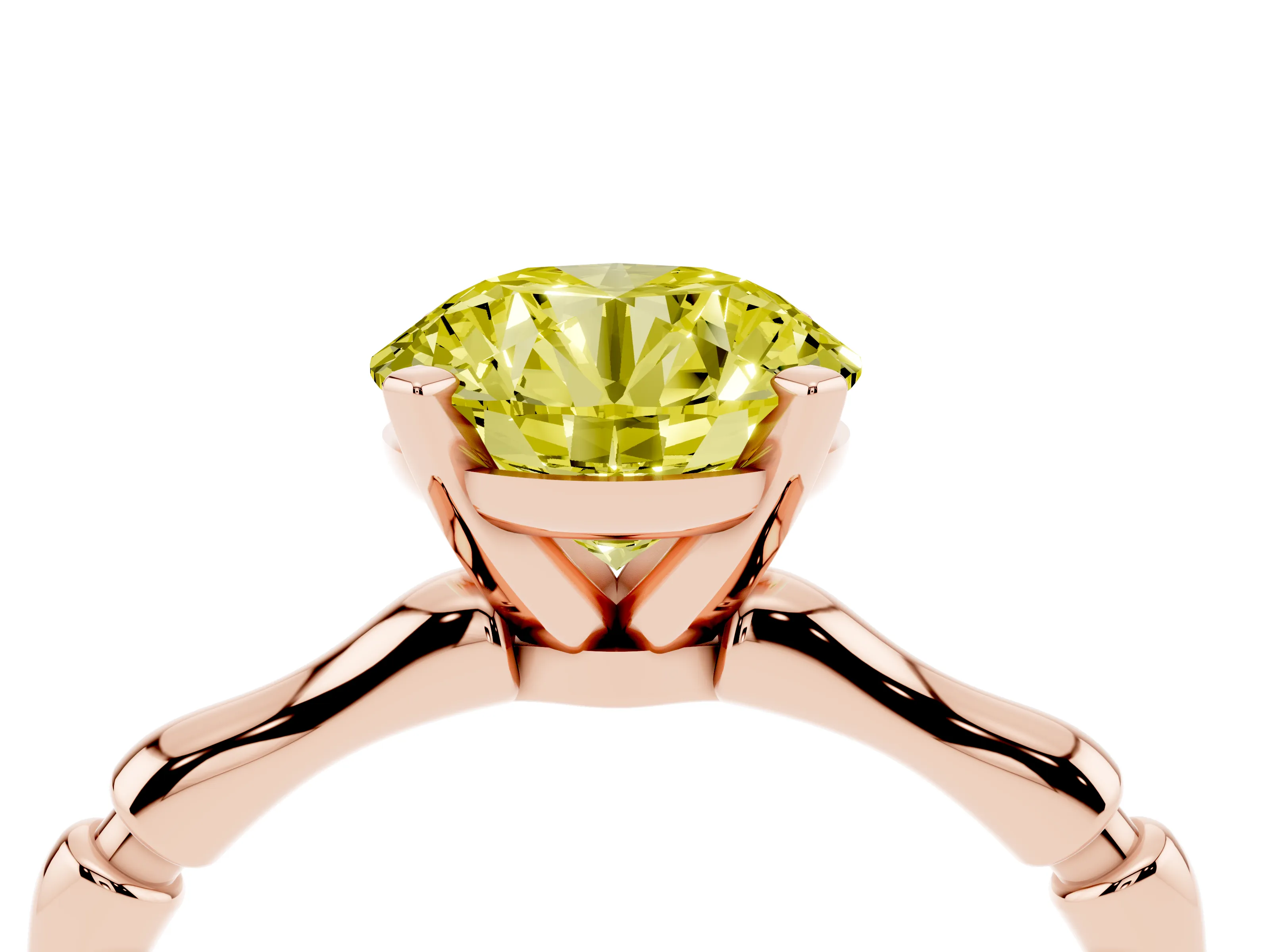 Fancy Yellow Round Cut Diamond Solitaire Ring Set in Rose gold with Bamboo Band and Prong Setting