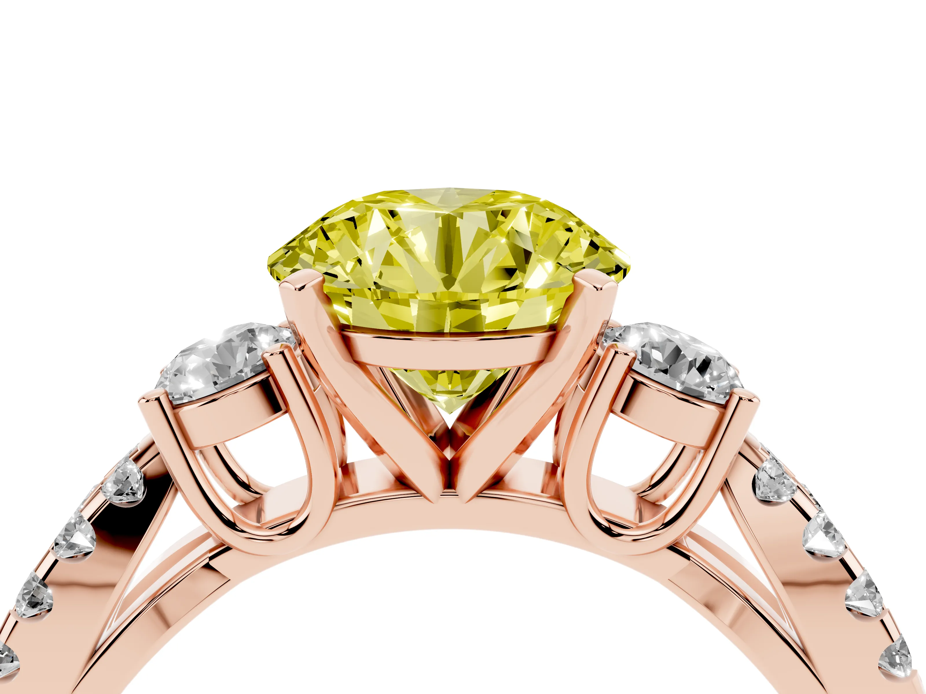 Fancy Yellow Round Cut Diamond Three-Stone Ring Set in Rose gold with Pavé Split Shank and Prong Setting