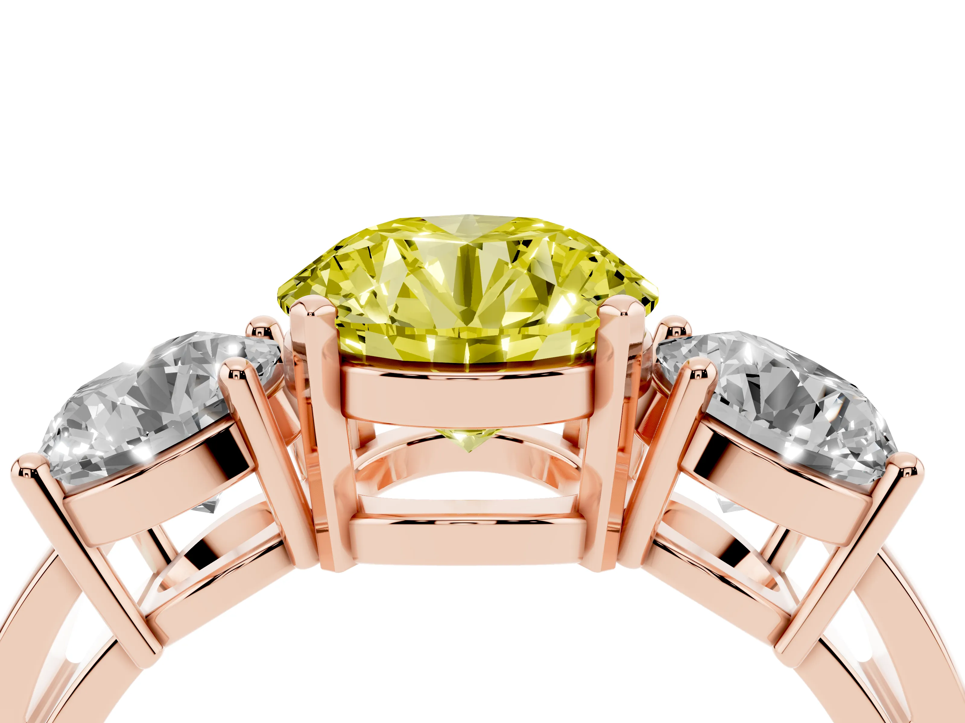 Fancy Yellow Round Cut Diamond Three-Stone Ring Set in Rose gold with Round Side Stones and Classic Band