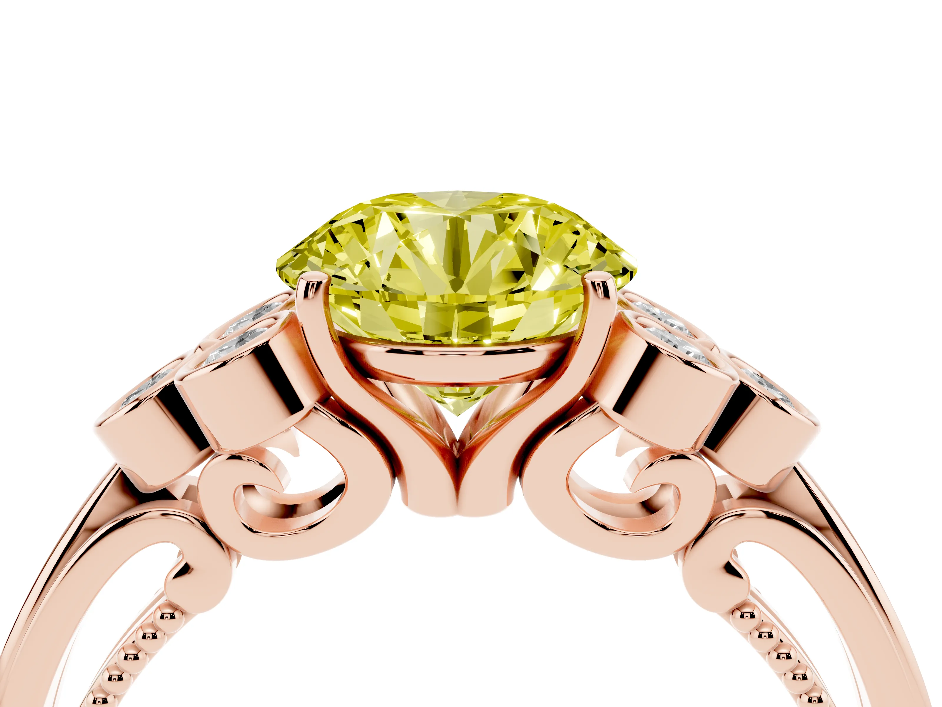 Fancy Yellow Round Cut Diamond Engagement Ring Set in Rose gold with Bezel Set Round Side Stones and Prong Setting