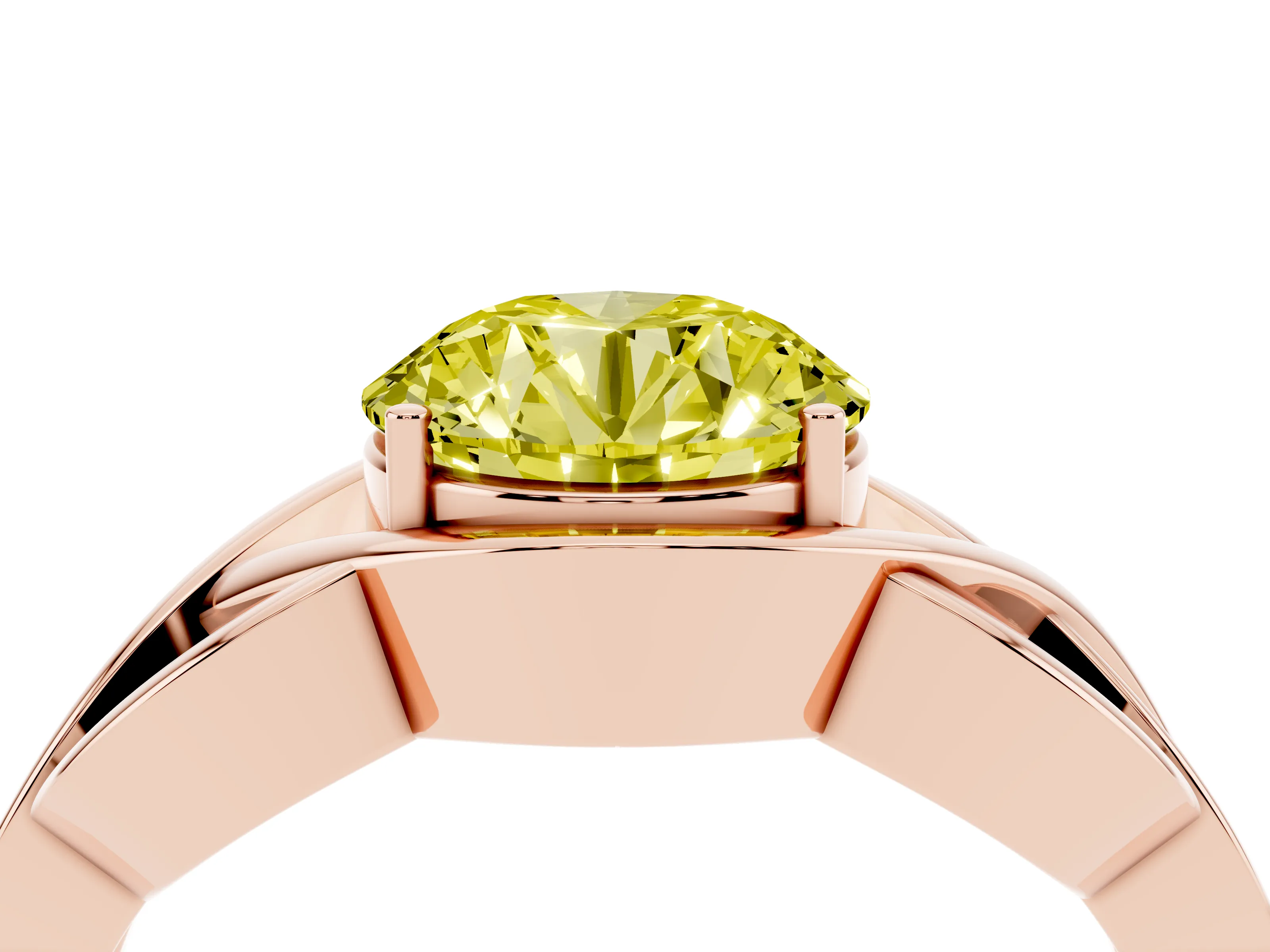 Fancy Yellow Round Cut Diamond Solitaire Ring Set in Rose gold with Intertwined Band