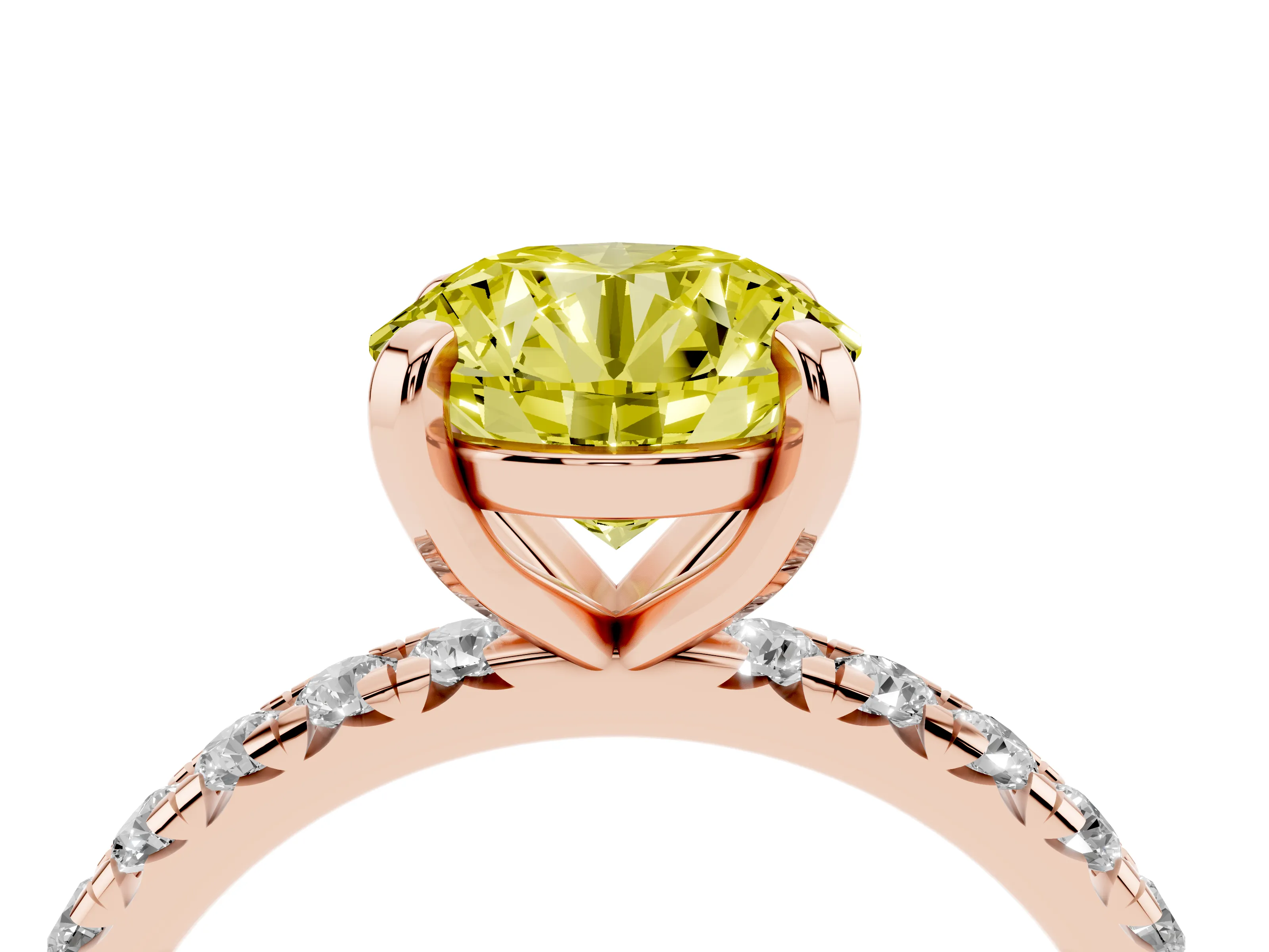 Fancy Yellow Round Cut Diamond Pavé Solitaire Ring Set in Rose gold with Round Band and Prong Setting