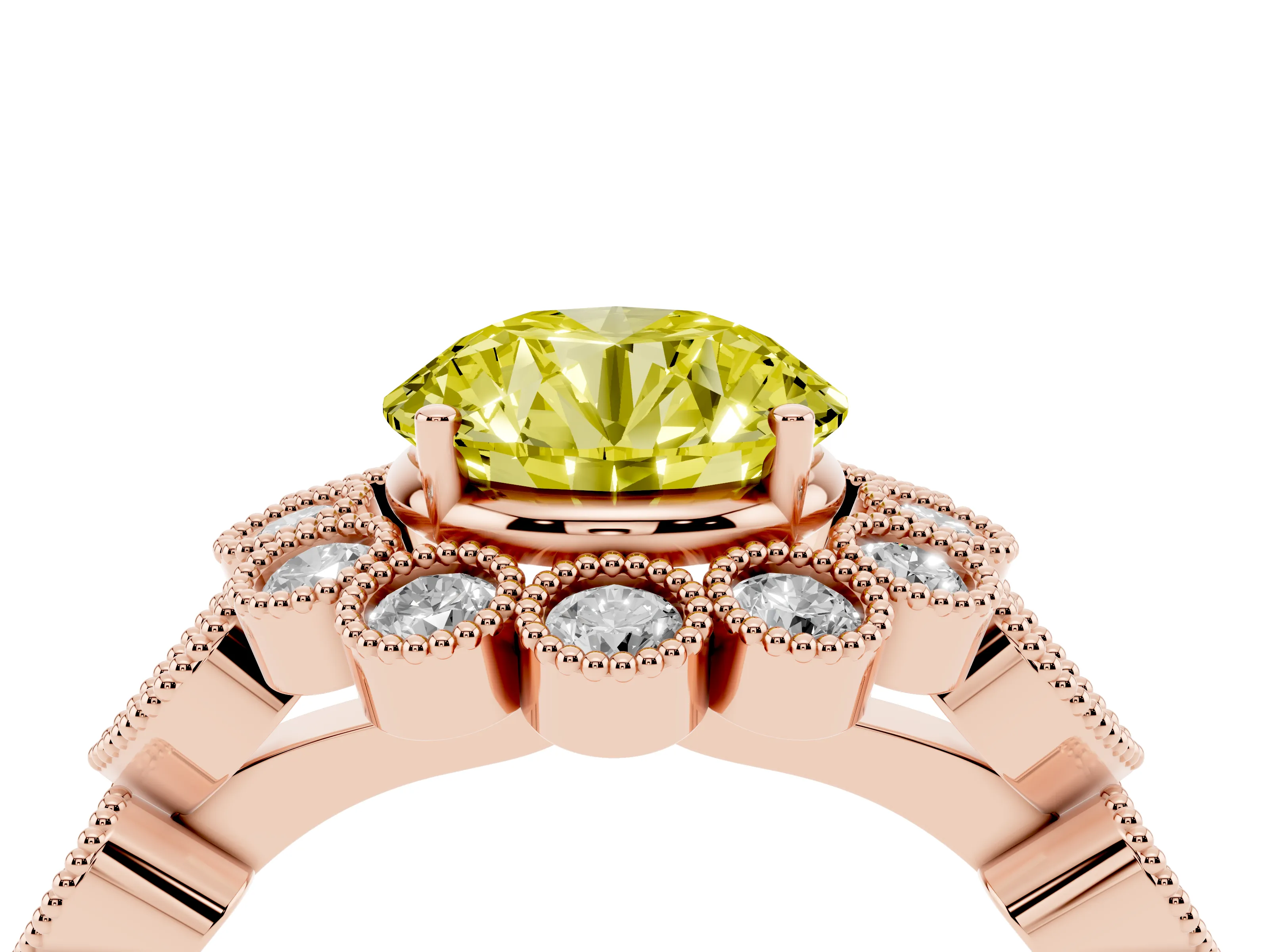 Fancy Yellow Round Cut Diamond Solitaire Ring Set in Rose gold with Milgrain Pavé Heart Band