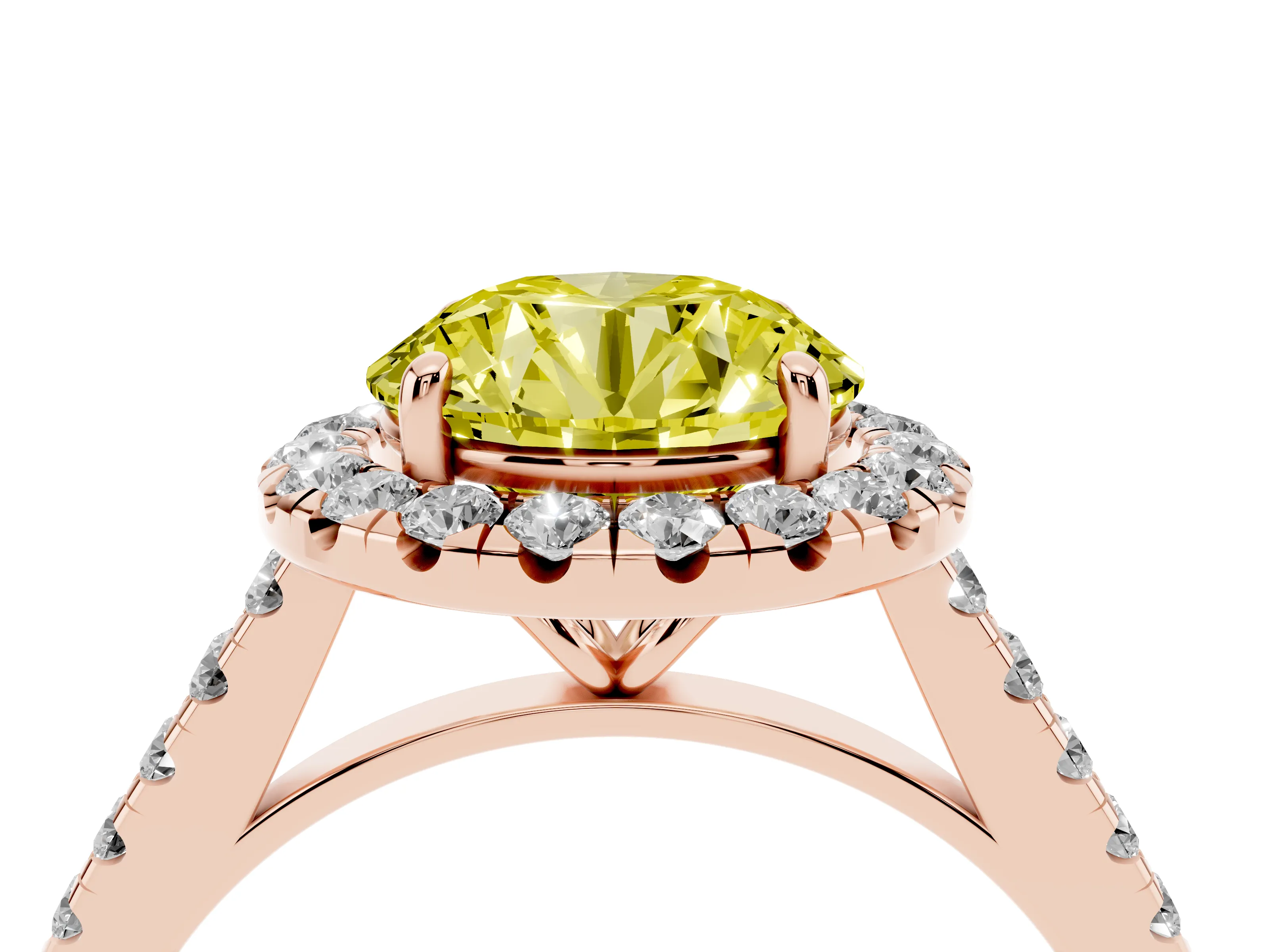 Fancy Yellow Round Cut Diamond Halo Pavé Engagement Ring Set in Rose gold with Prong Setting