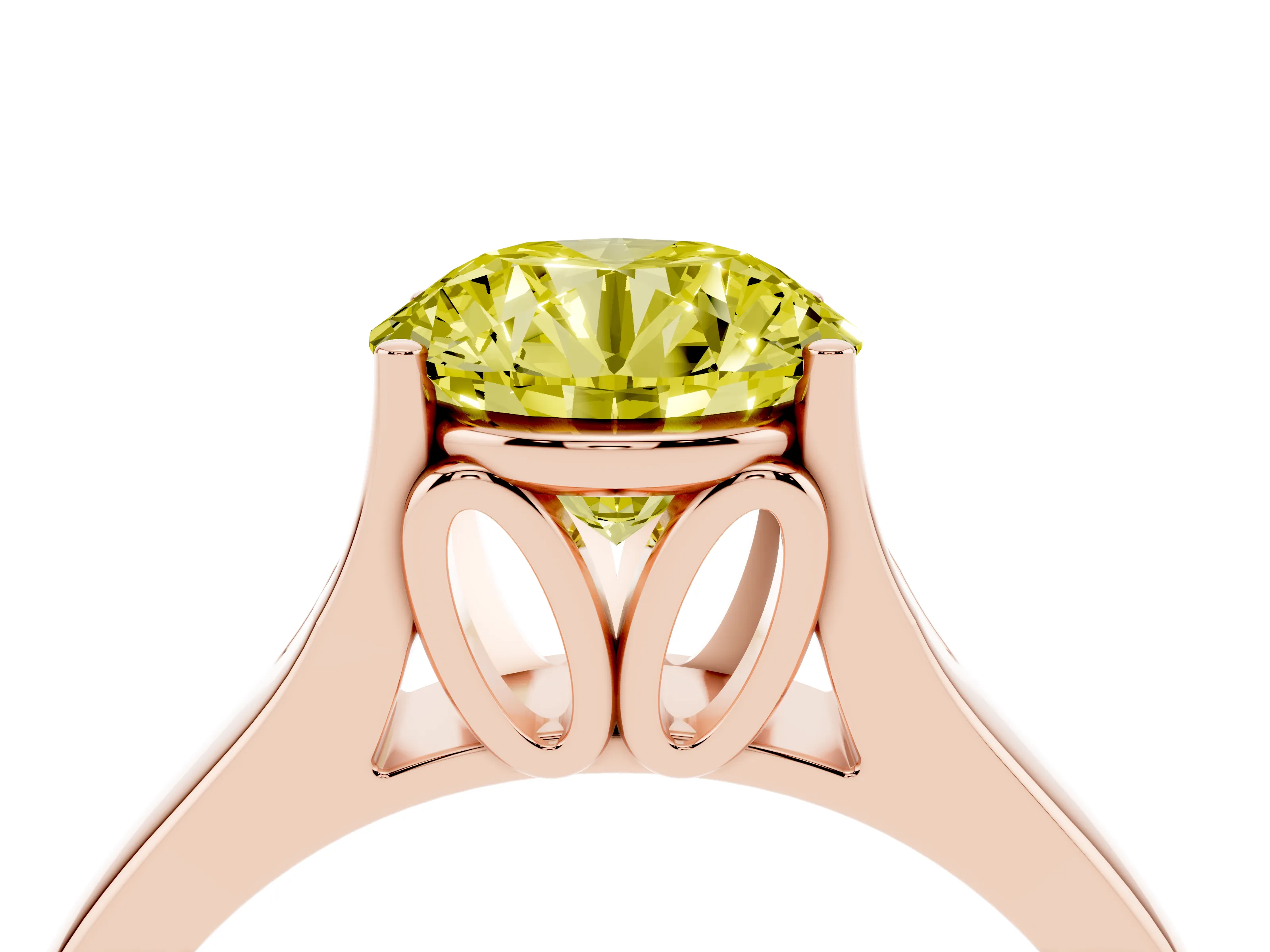 Fancy Yellow Round Cut Diamond Solitaire Ring Set in Rose gold with Arched Cathedral Band and Prong Setting