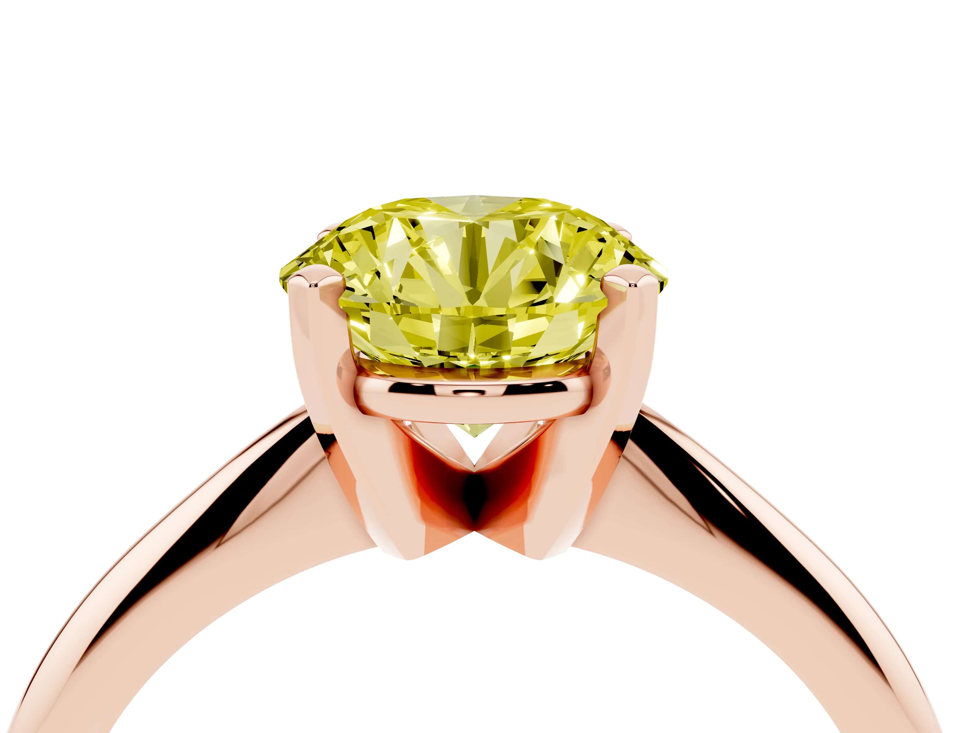 Fancy Yellow Round Cut Diamond Solitaire Ring Set in Rose gold with Prong Setting on a Plain Round Band