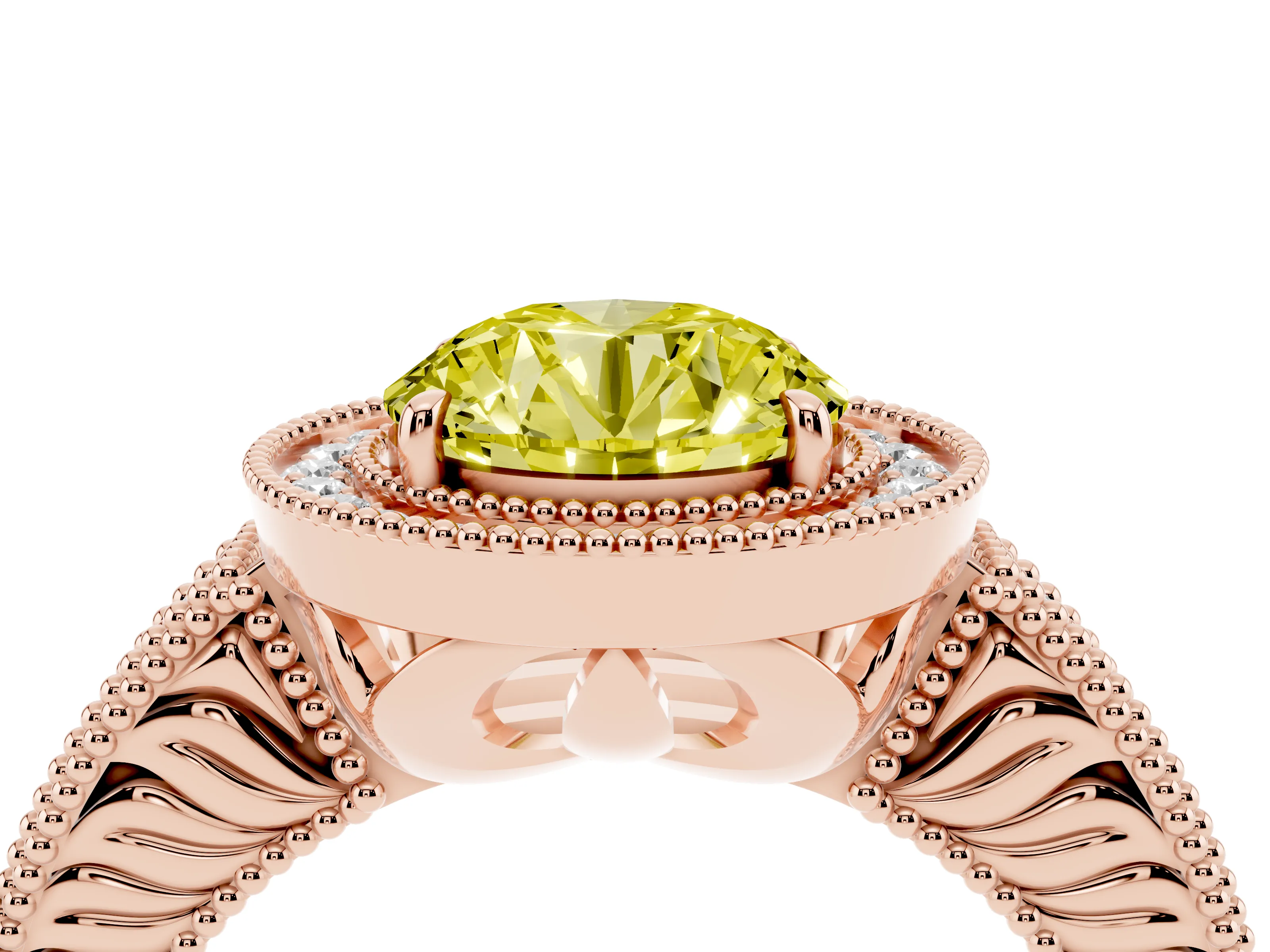 Fancy Yellow Round Cut Diamond Halo Ring Set in Rose gold with Round Accent Halo, Pavé Band and Prong Setting