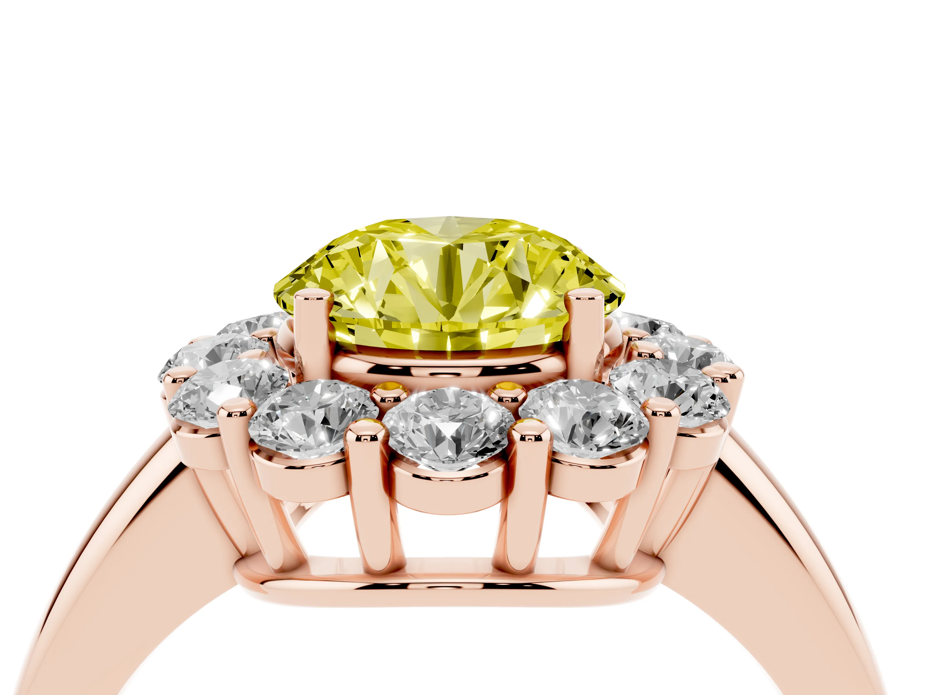 Fancy Yellow Round Cut Diamond Halo Cluster Engagement Ring Set in Rose gold with Polished Band and Prong Setting