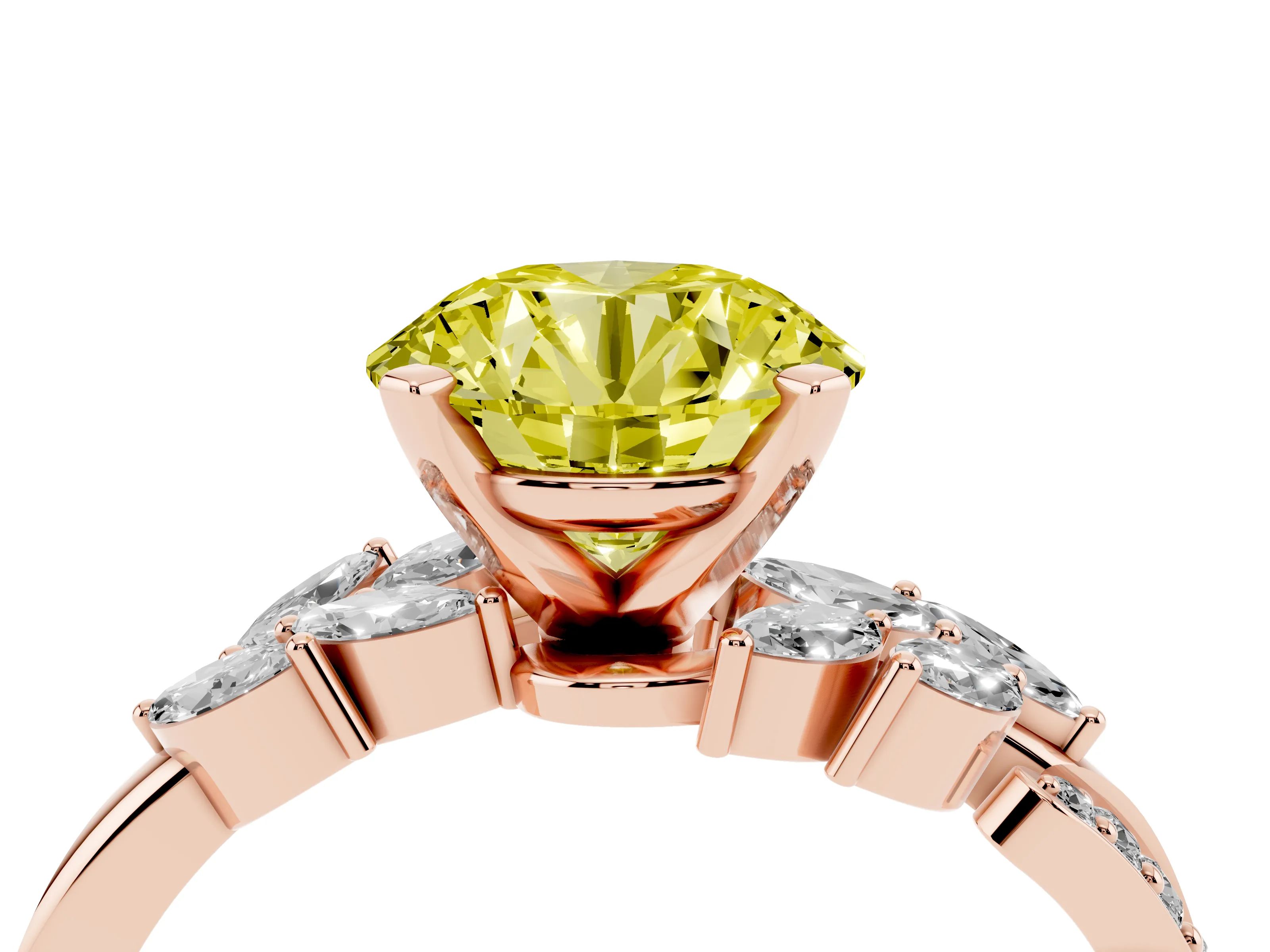 Fancy Yellow Round Cut Diamond Solitaire Ring Set in Rose gold with Marquise Twist Band and Prong Setting