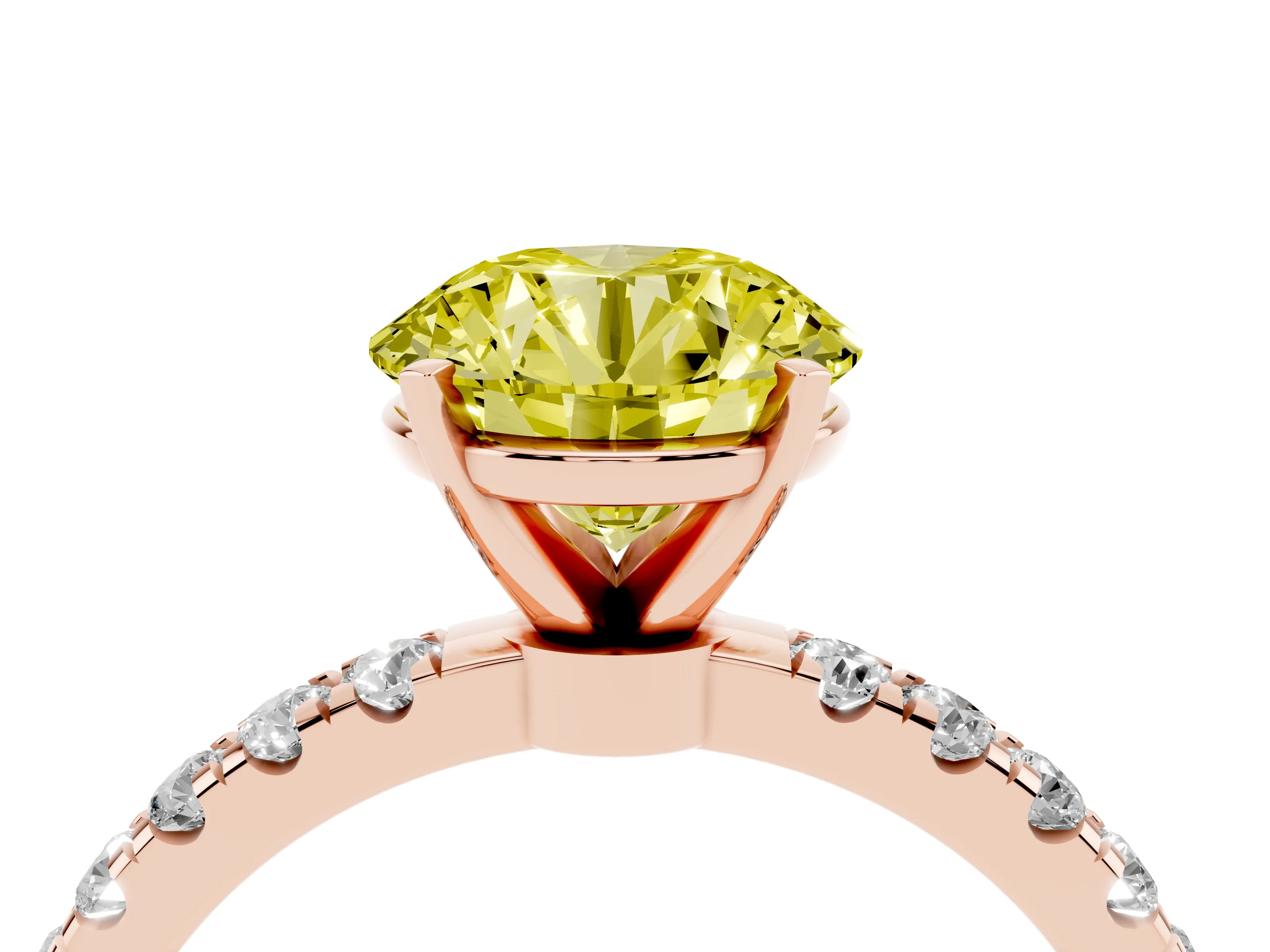 Fancy Yellow Round Cut Diamond Solitaire Ring Set in Rose gold with Pavé Accents and Prong Setting