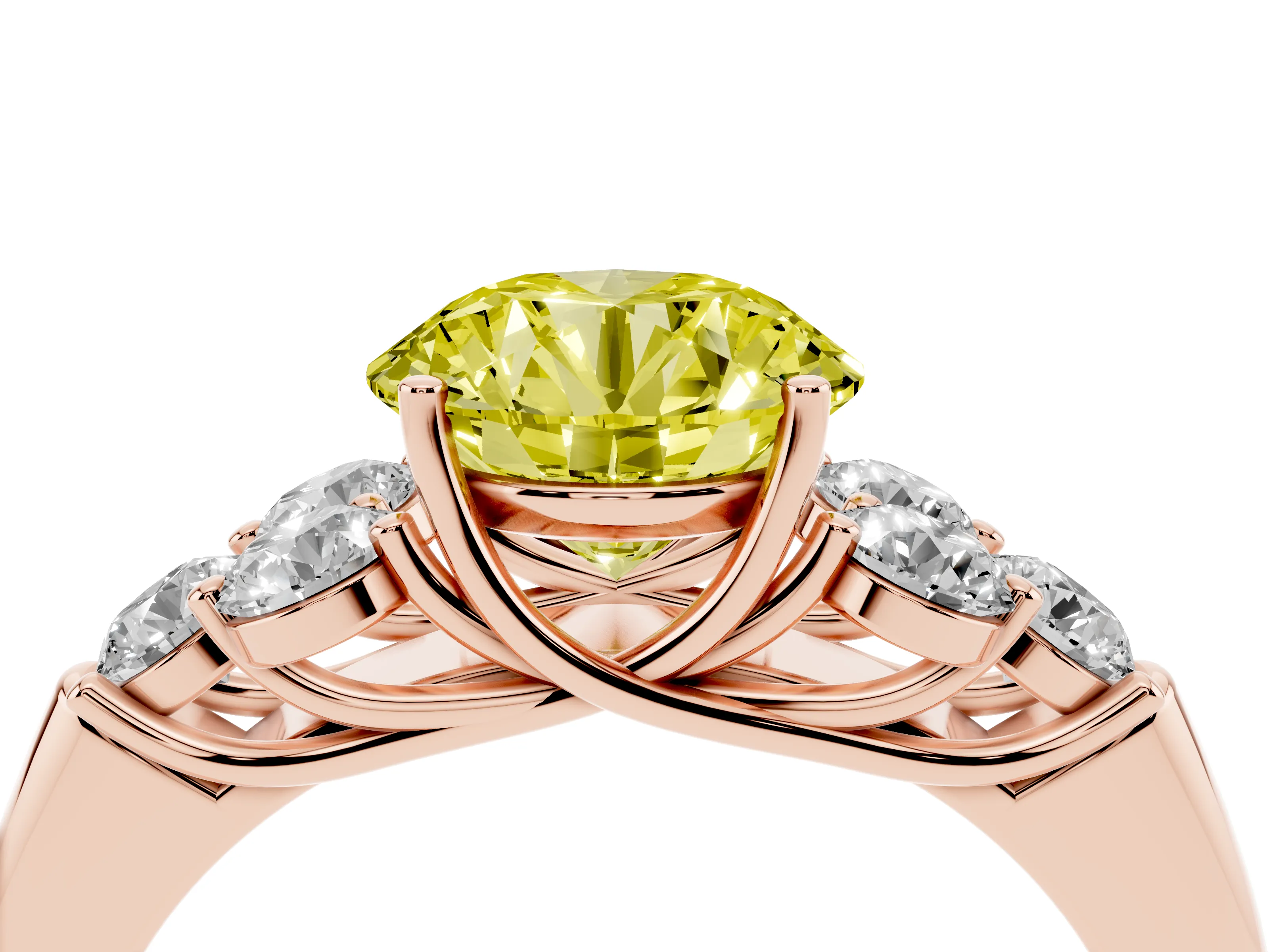 Fancy Yellow Round Cut Diamond Cluster Ring Set in Rose gold with Round Accent Stones and Prong Setting on a Plain Band