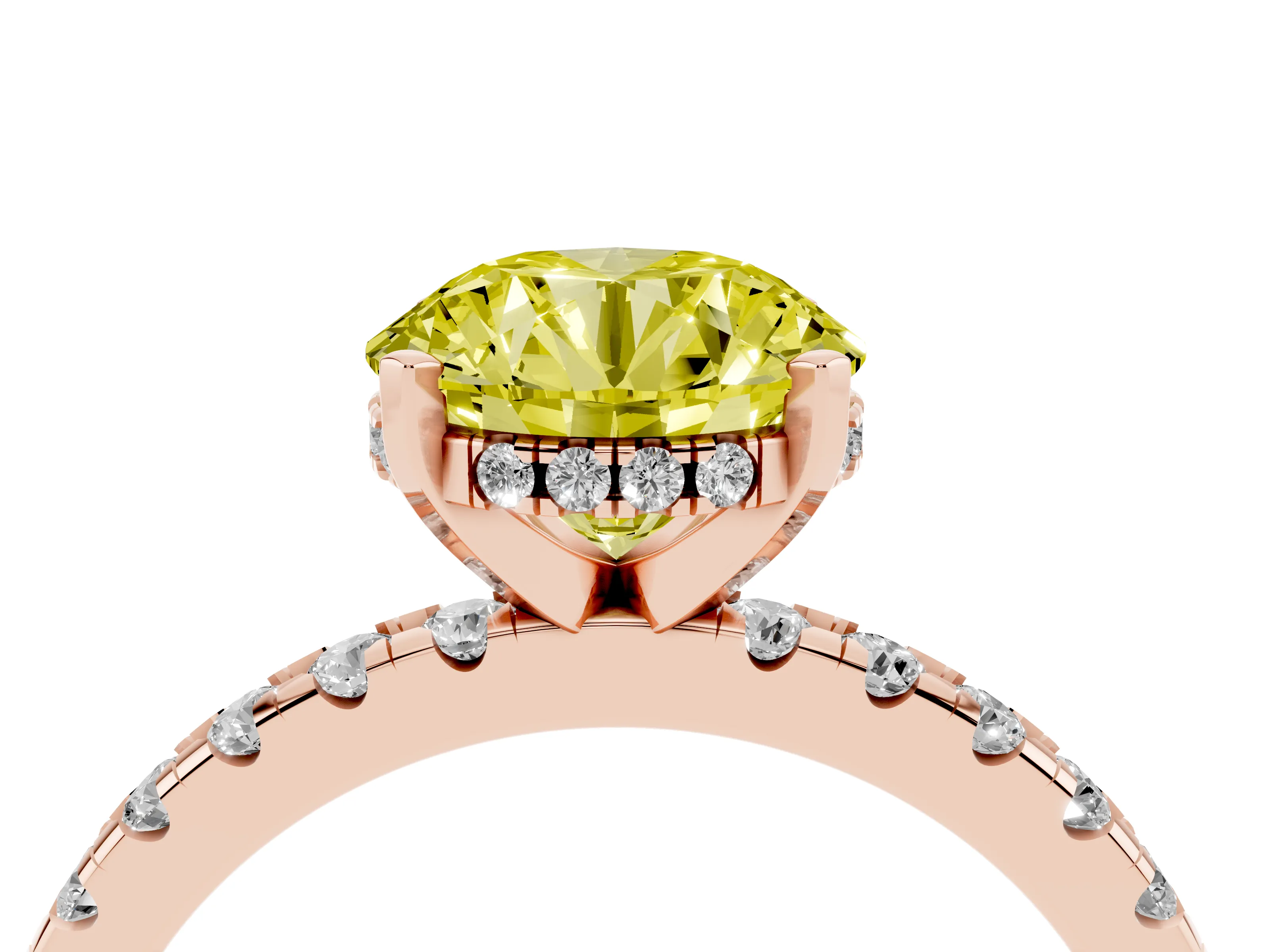 Fancy Yellow Round Cut Diamond Pavé Solitaire Ring Set in Rose gold with Round Band Accents and Prong Setting