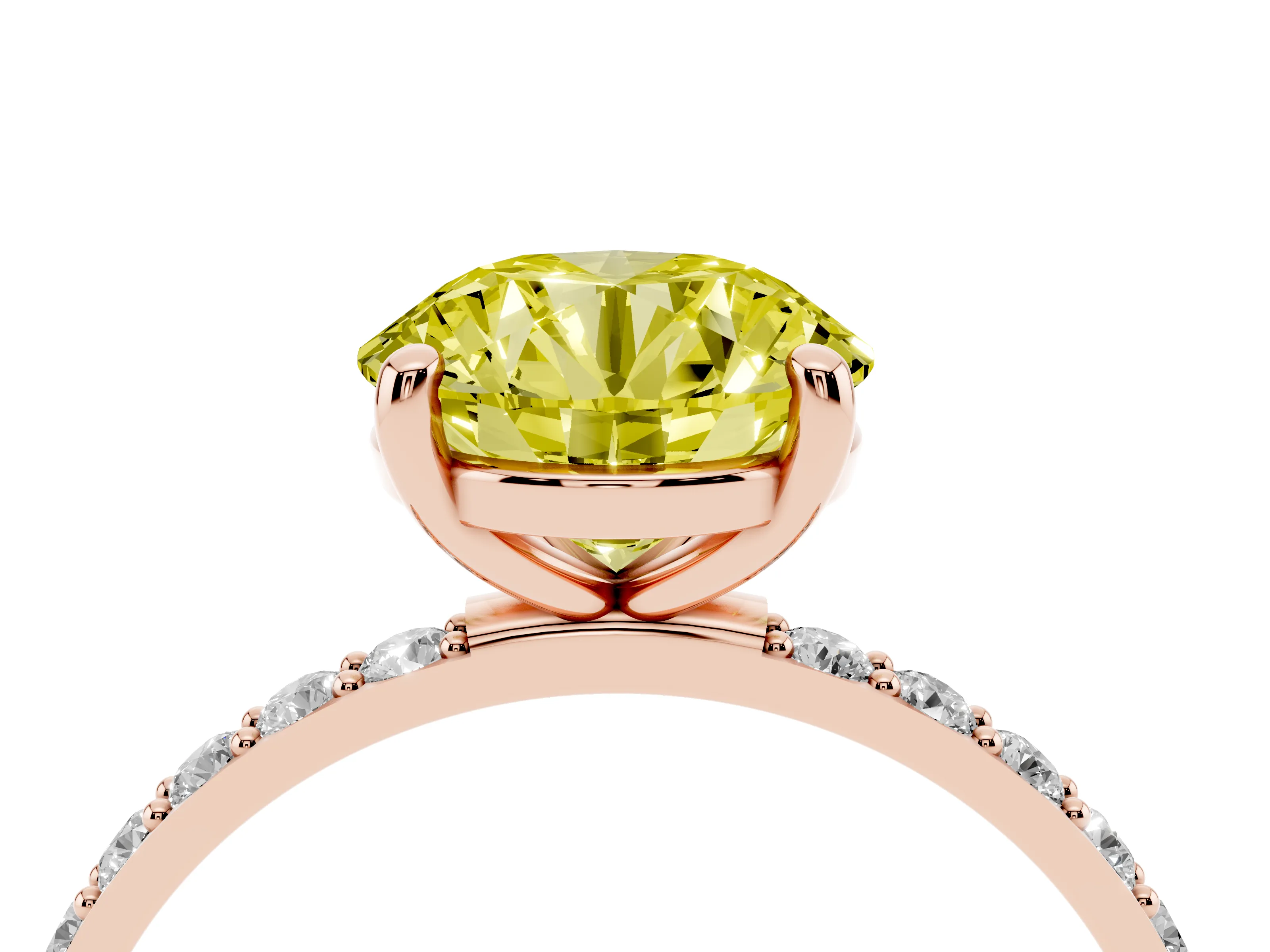 Fancy Yellow Round Cut Diamond Solitaire Ring Set in Rose gold with Round Pavé Band and Prong Setting