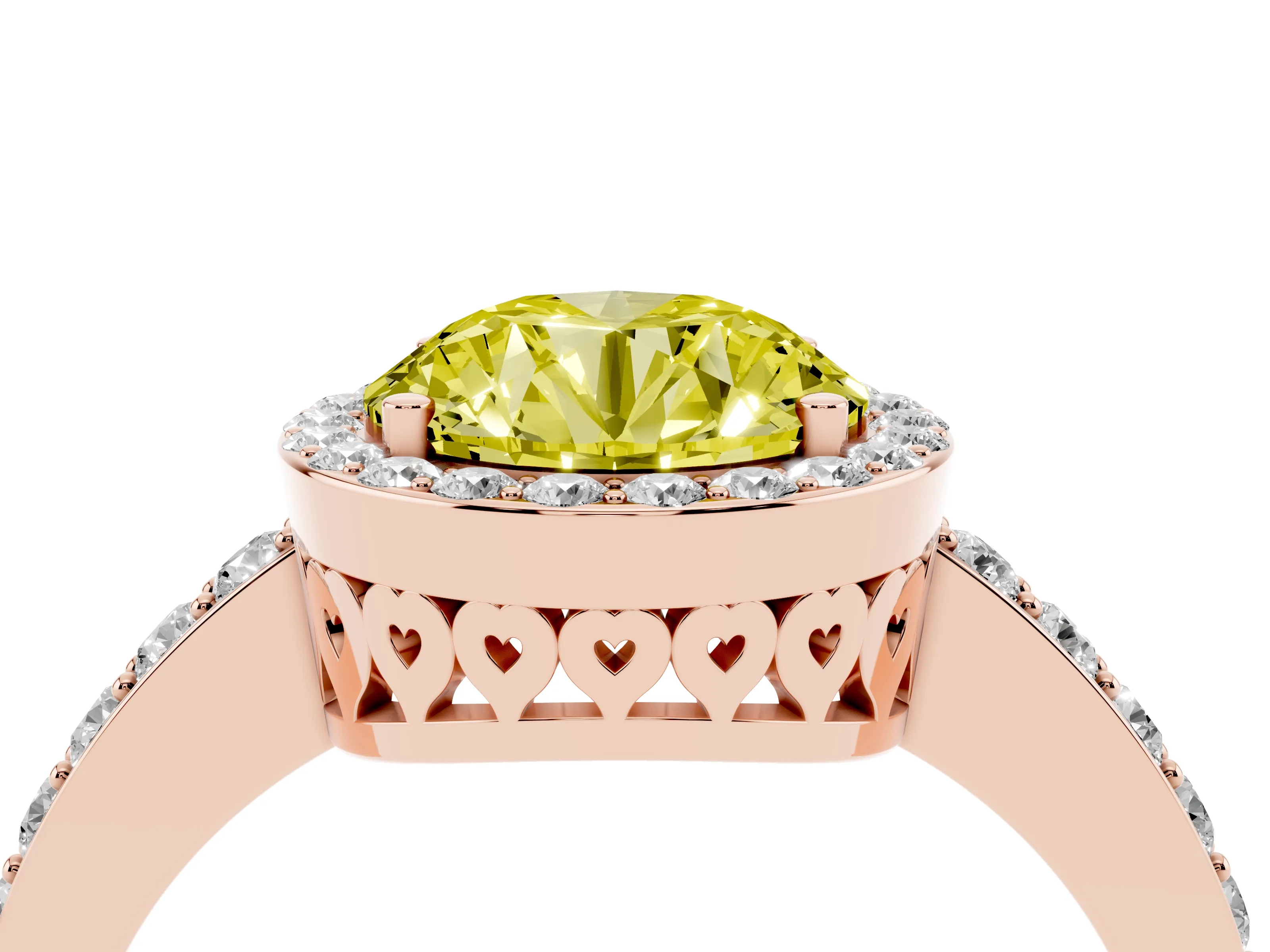 Fancy Yellow Round Cut Diamond Halo Ring Set in Rose gold with Pavé-Setting Band and Open Prong Center