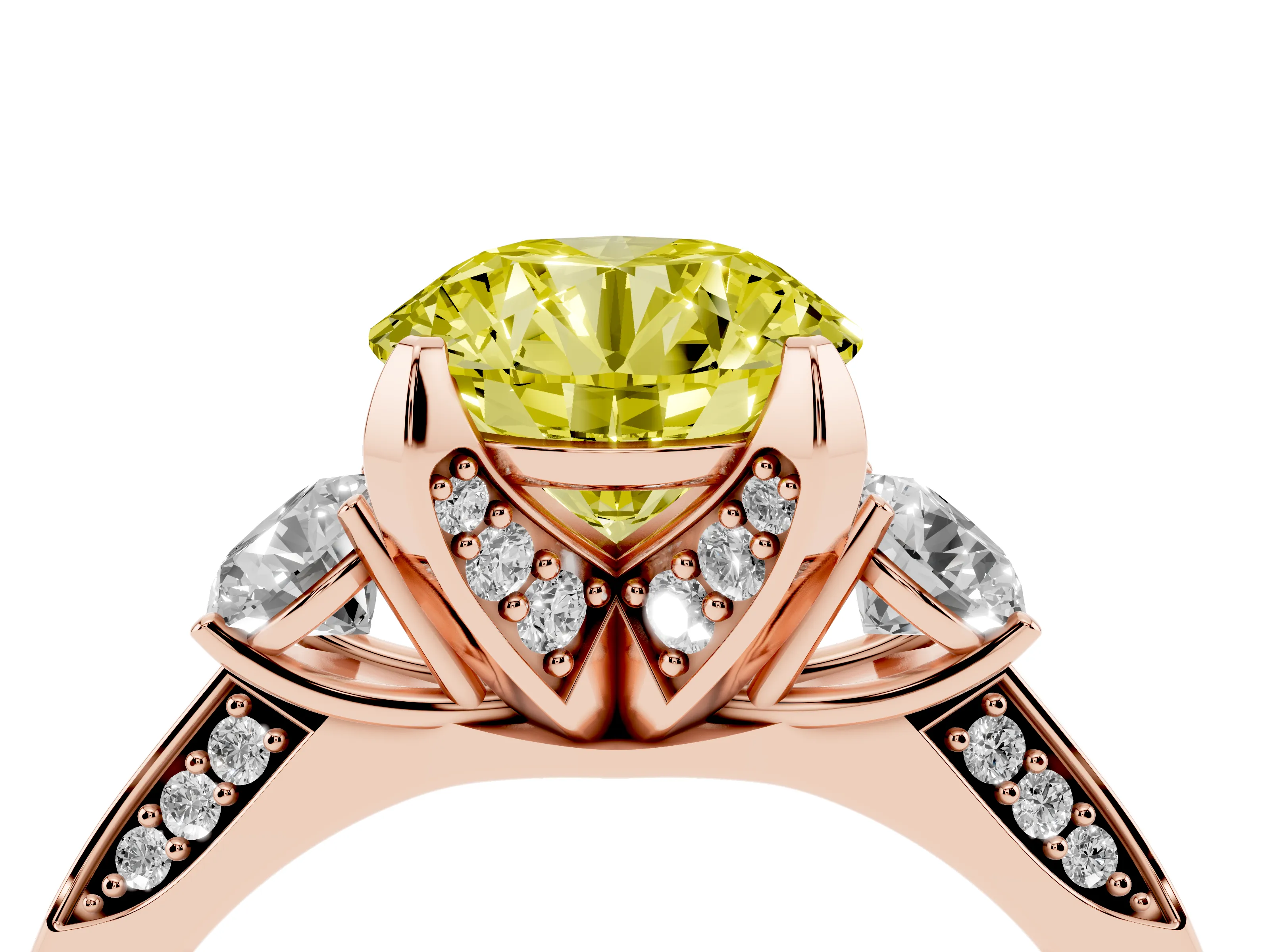 Fancy Yellow Round Cut Diamond Three-Stone Ring Set in Rose gold with Pavé Band and Smaller Side Stones