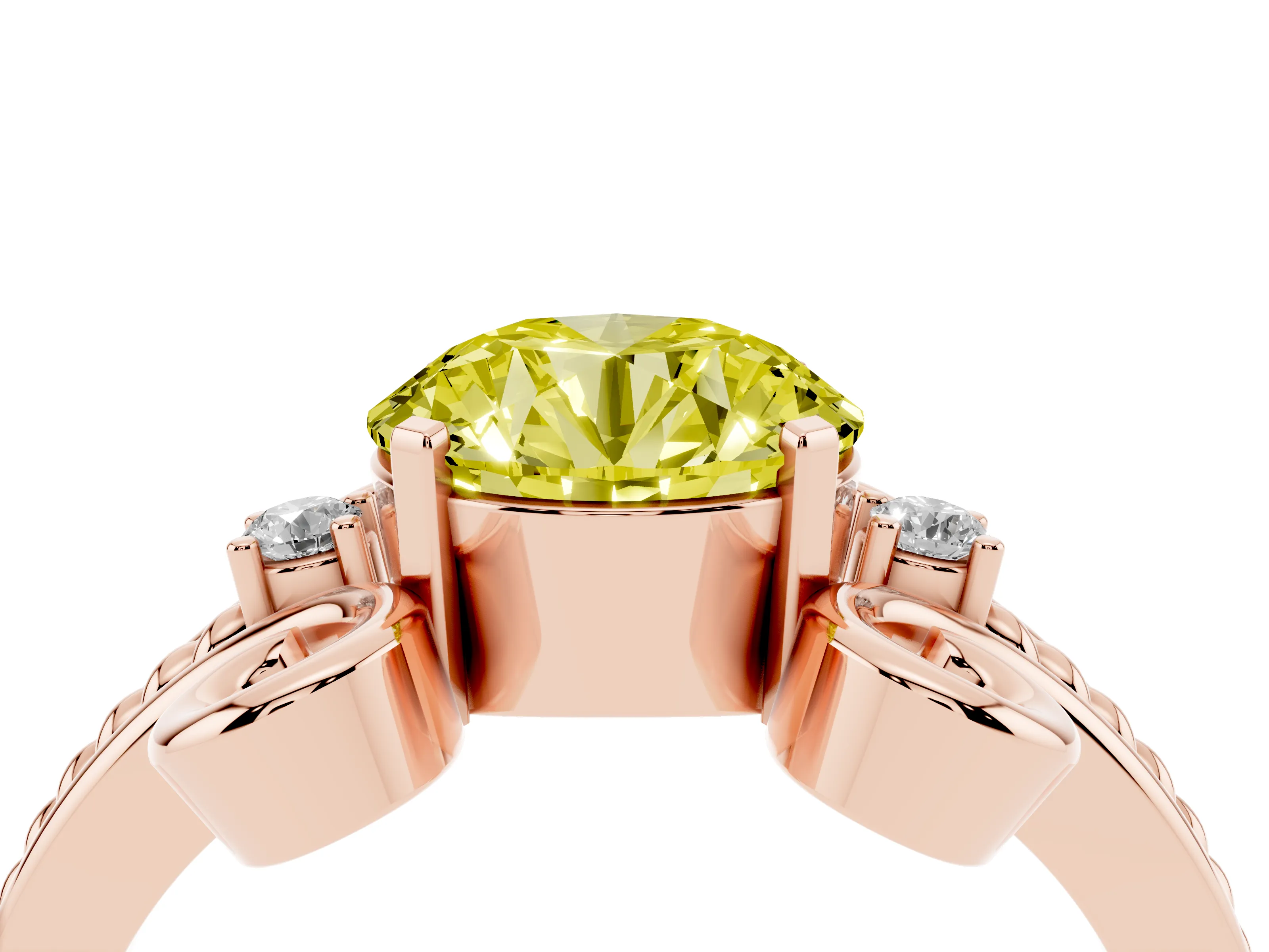 Fancy Yellow Round Cut Diamond Twisted Band Solitaire Ring Set in Rose gold with Scroll Prongs