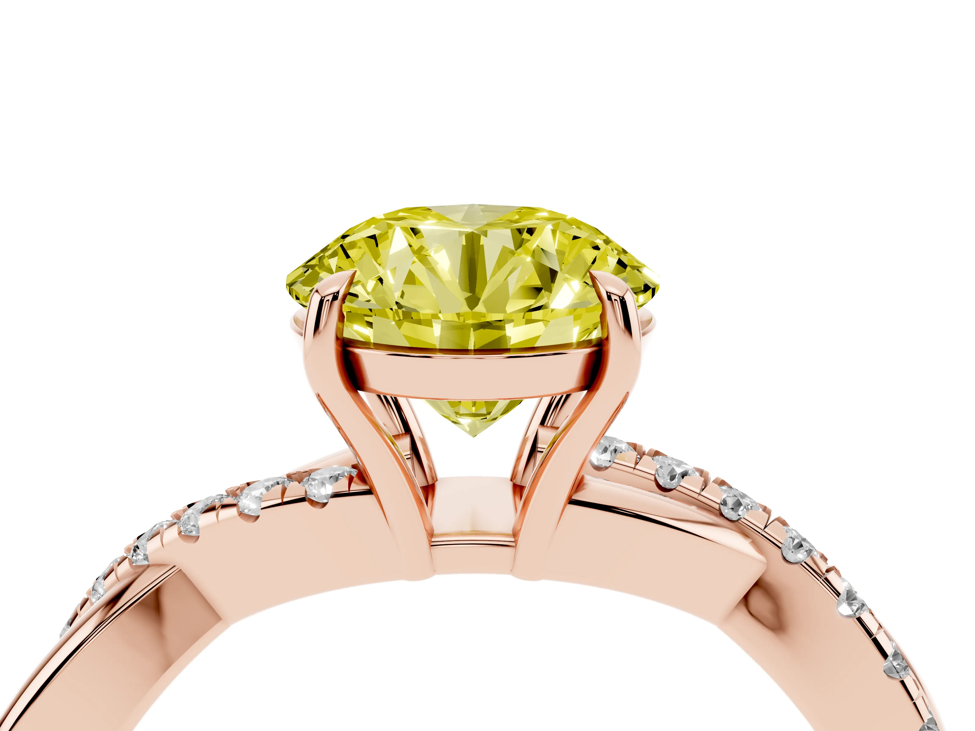 Fancy Yellow Round Cut Diamond Twisted Pavé Band Ring Set in Rose gold with Prong Setting