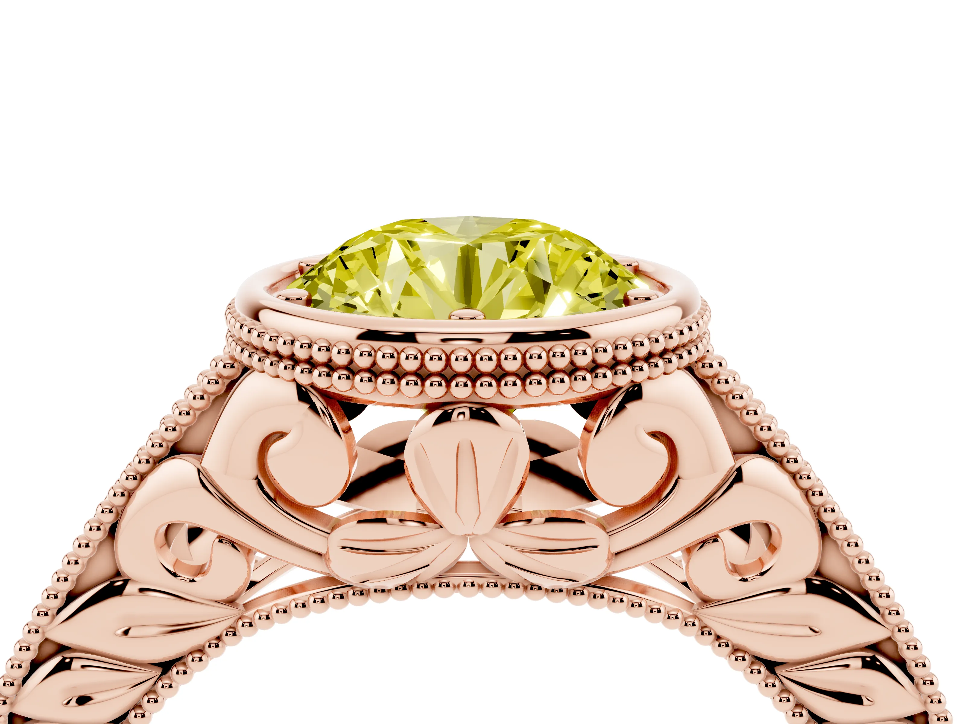 Fancy Yellow Bezel Set Round Cut Diamond Milgrain Pavé Engagement Ring Set in Rose gold