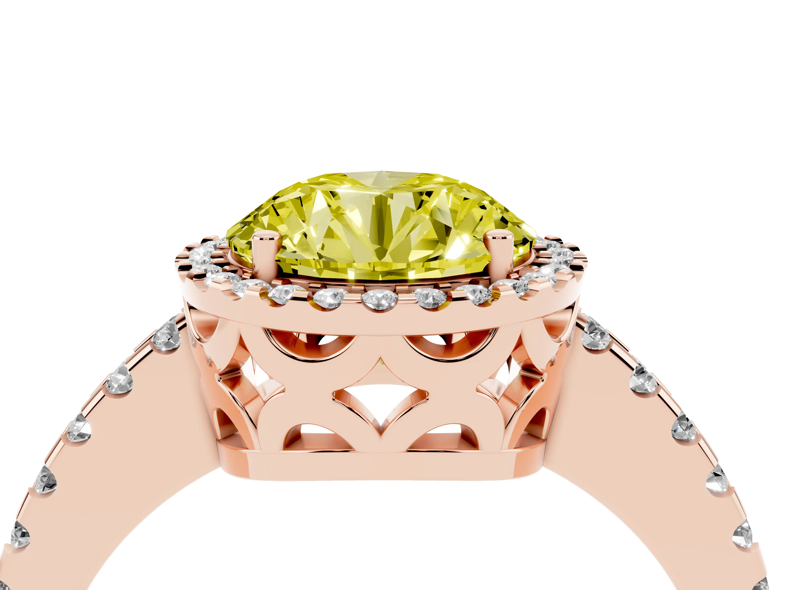 Fancy Yellow Round Cut Diamond Halo Ring Set in Rose gold with Pavé Shoulders and Halo-Framed Center