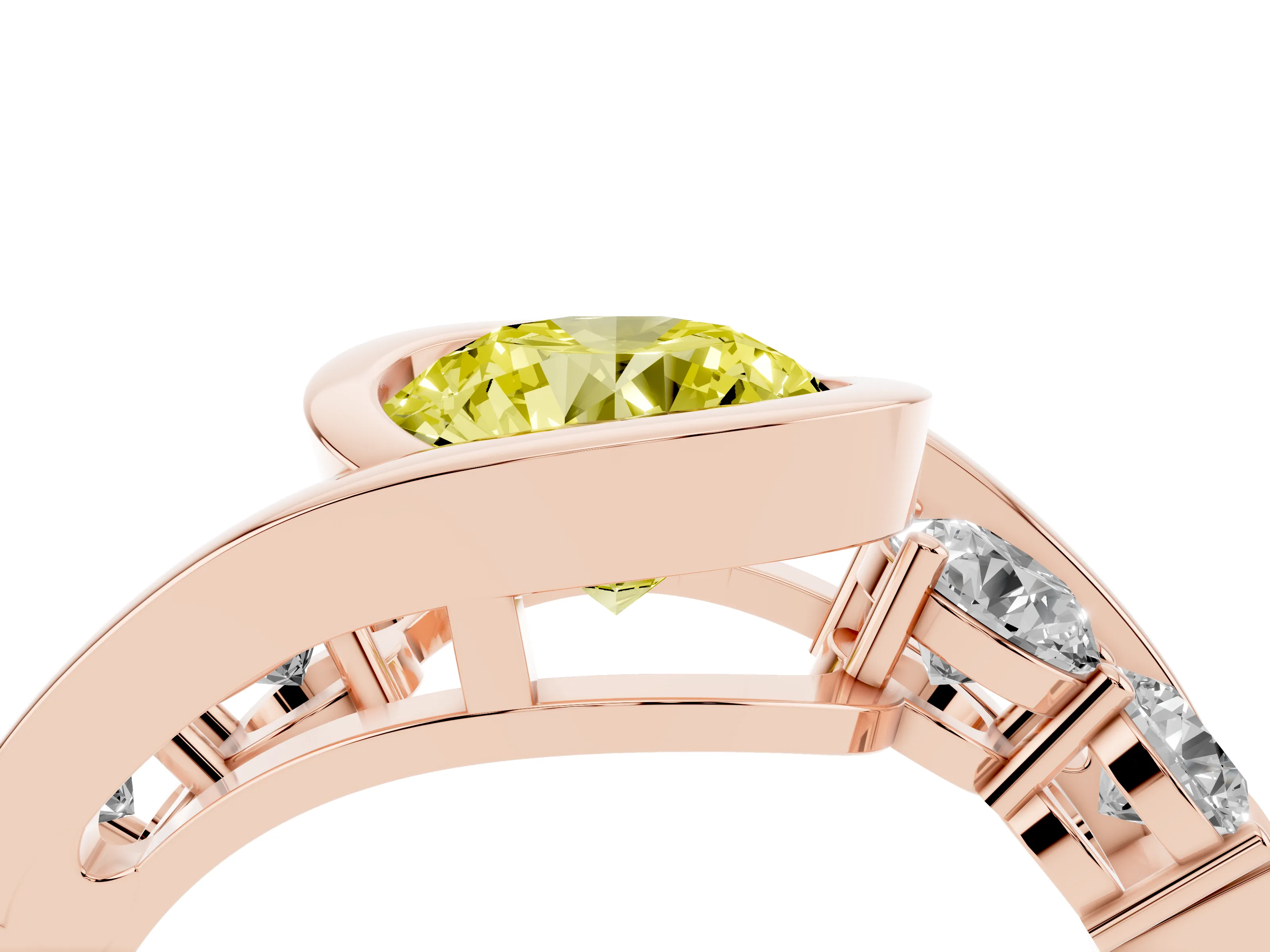 Fancy Yellow Round Cut Diamond Bezel Bypass Ring Set in Rose gold with Round Accents