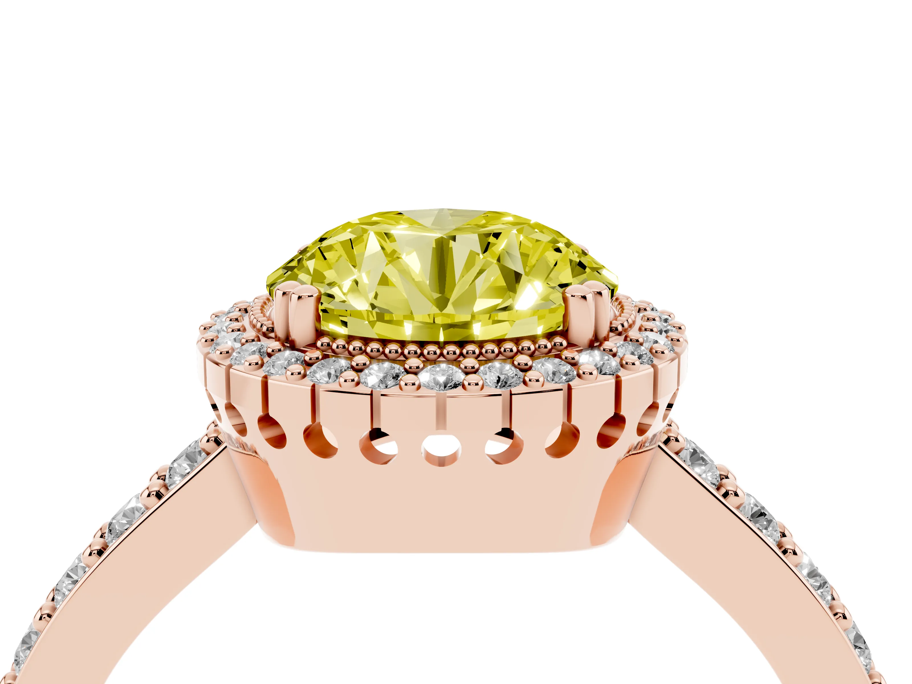 Fancy Yellow Round Cut Diamond Halo Engagement Ring Set in Rose gold with Milgrain Detail and Pavé Band