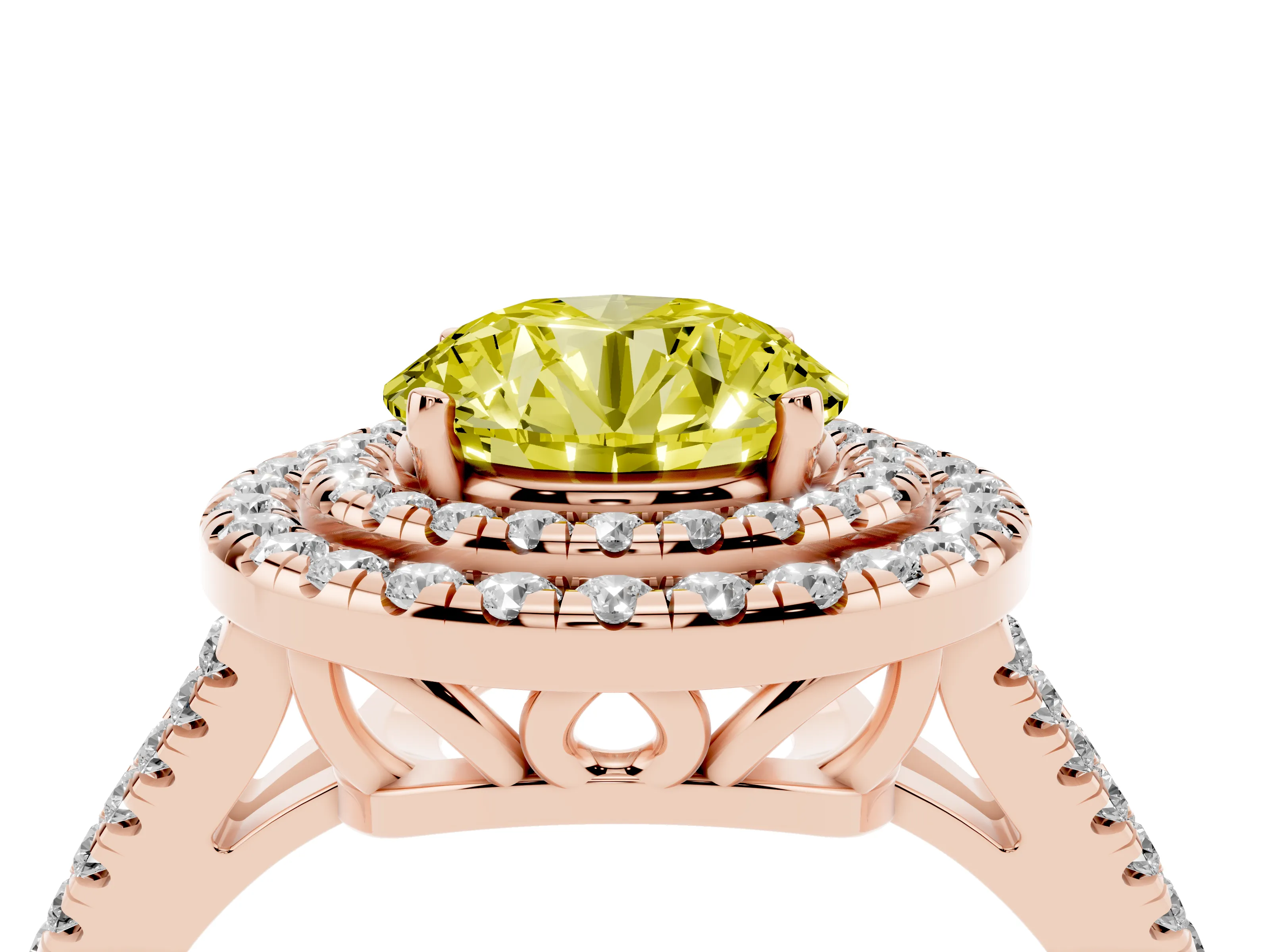 Fancy Yellow Round Cut Diamond Double Halo Ring Set in Rose gold with Pavé Band