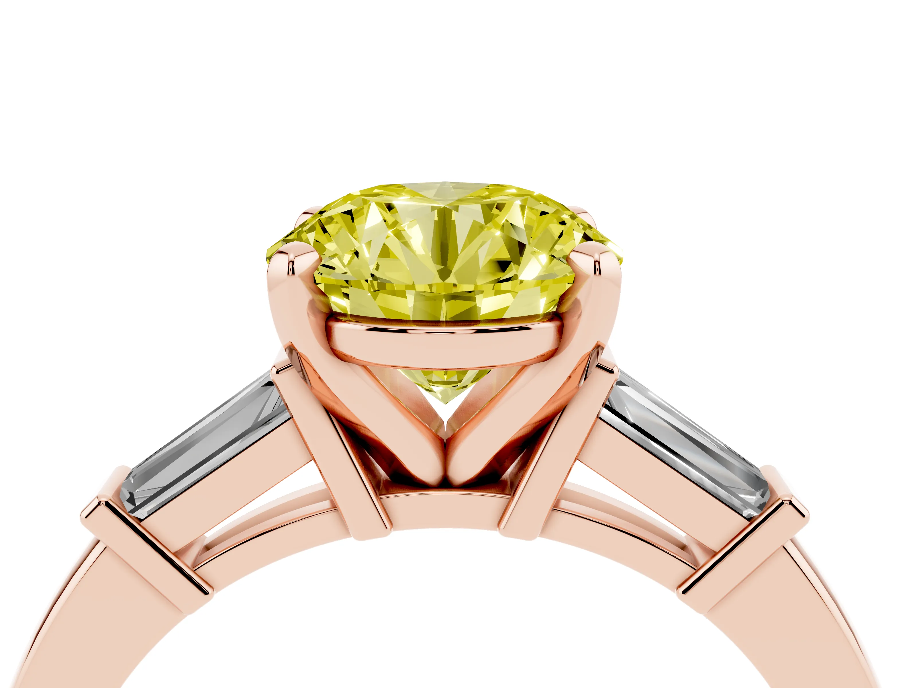 Fancy Yellow Round Cut Diamond Solitaire Ring Set in Rose gold with Tapered Baguette Accents and Prong Setting