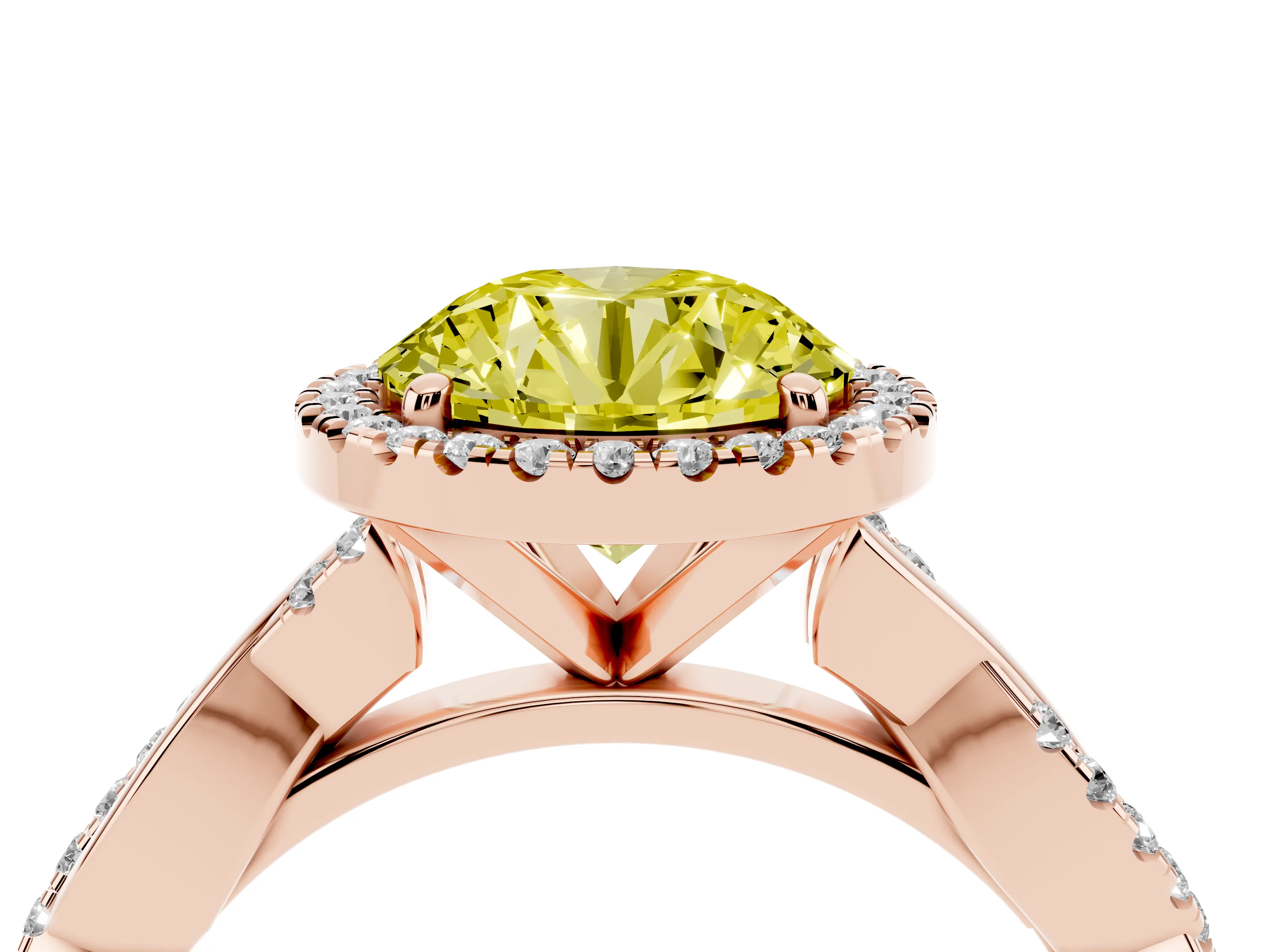 Fancy Yellow Round Cut Diamond Halo Twisted Band Ring Set in Rose gold with Prong Setting