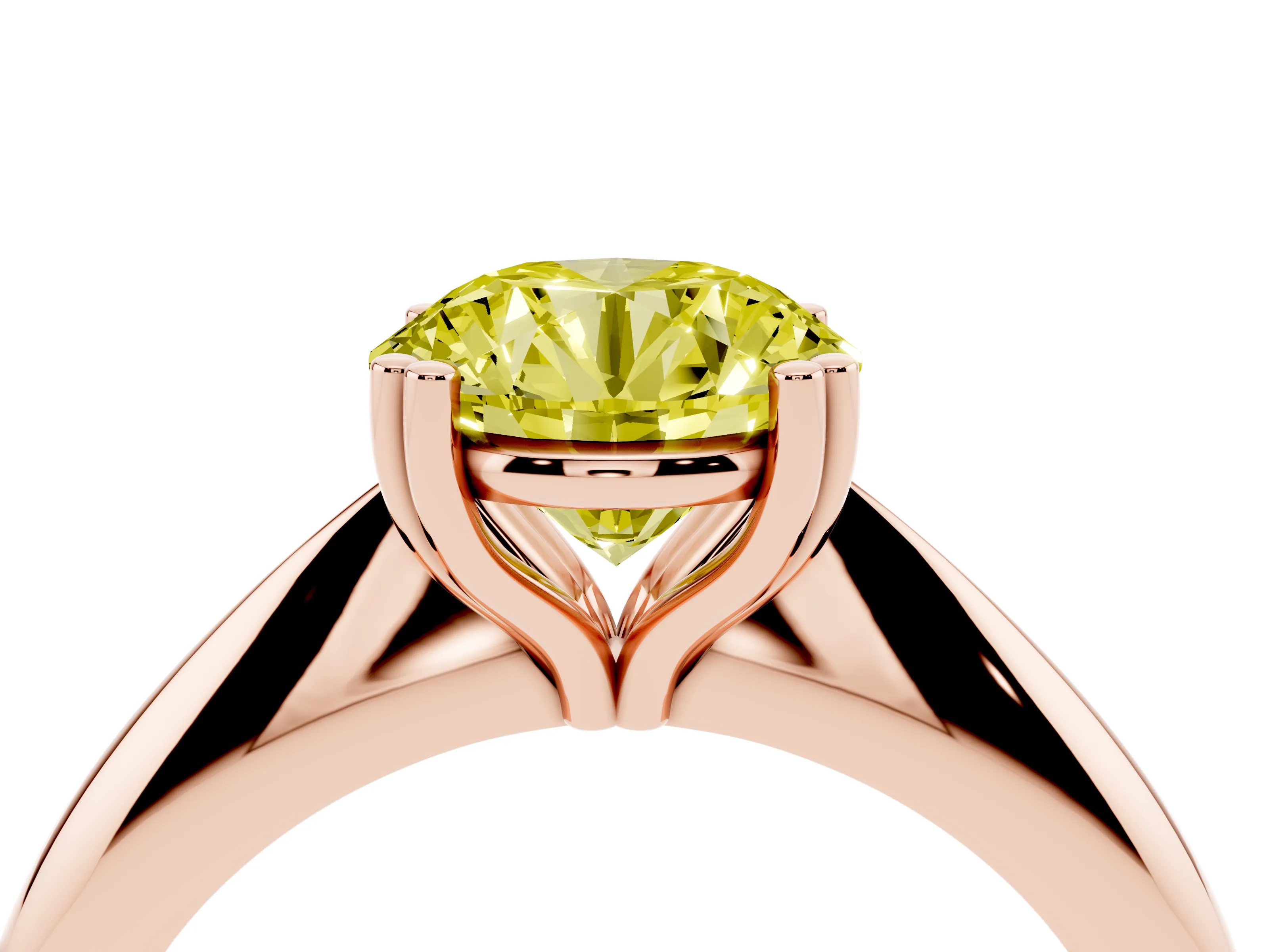 Fancy Yellow Round Cut Diamond Solitaire Engagement Ring Set in Rose gold with Tapered Band and Prong Setting