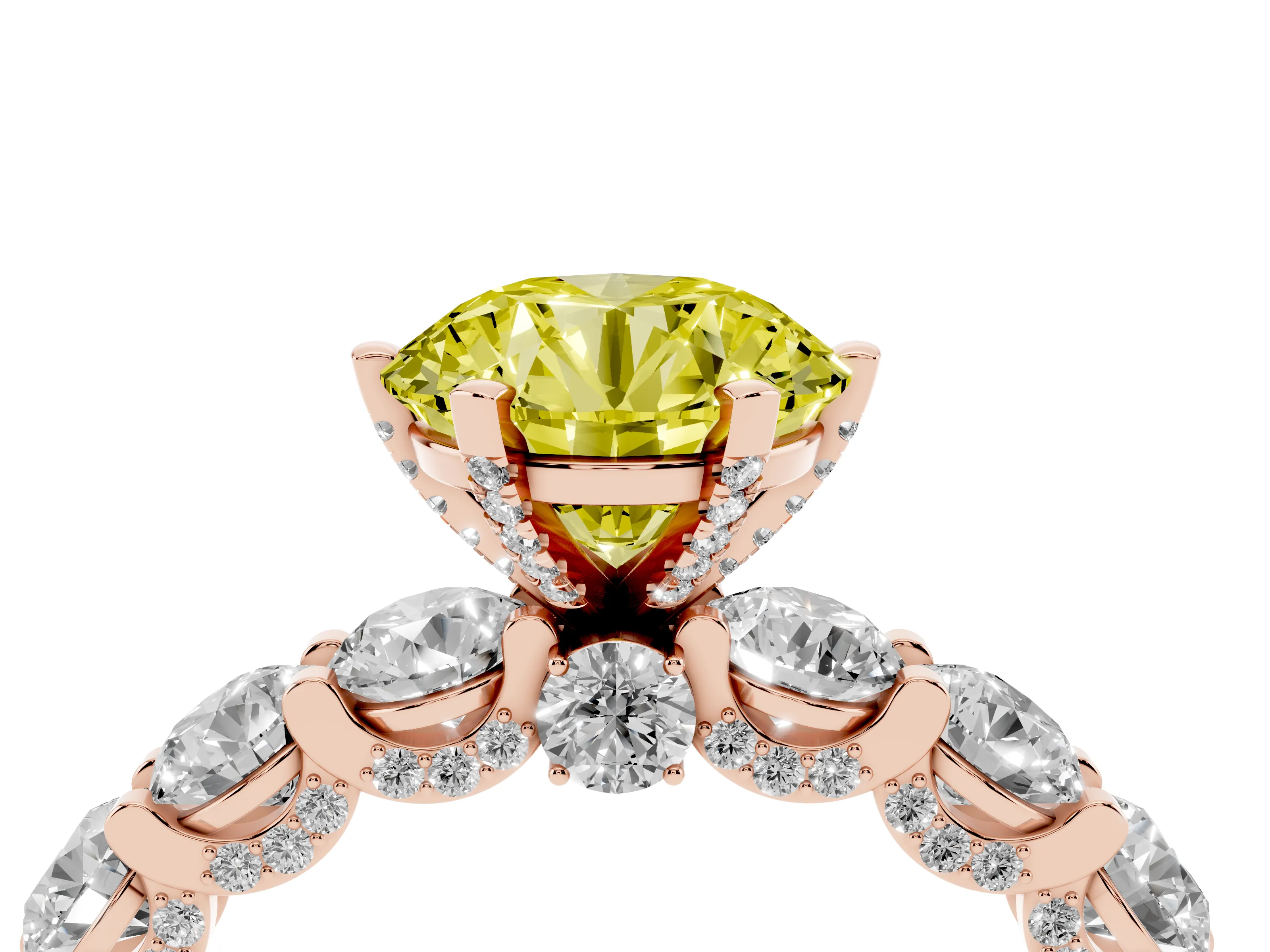 Fancy Yellow Round Cut Diamond Side Stone Ring Set in Rose gold with Alternating Round and Oval Side Stones