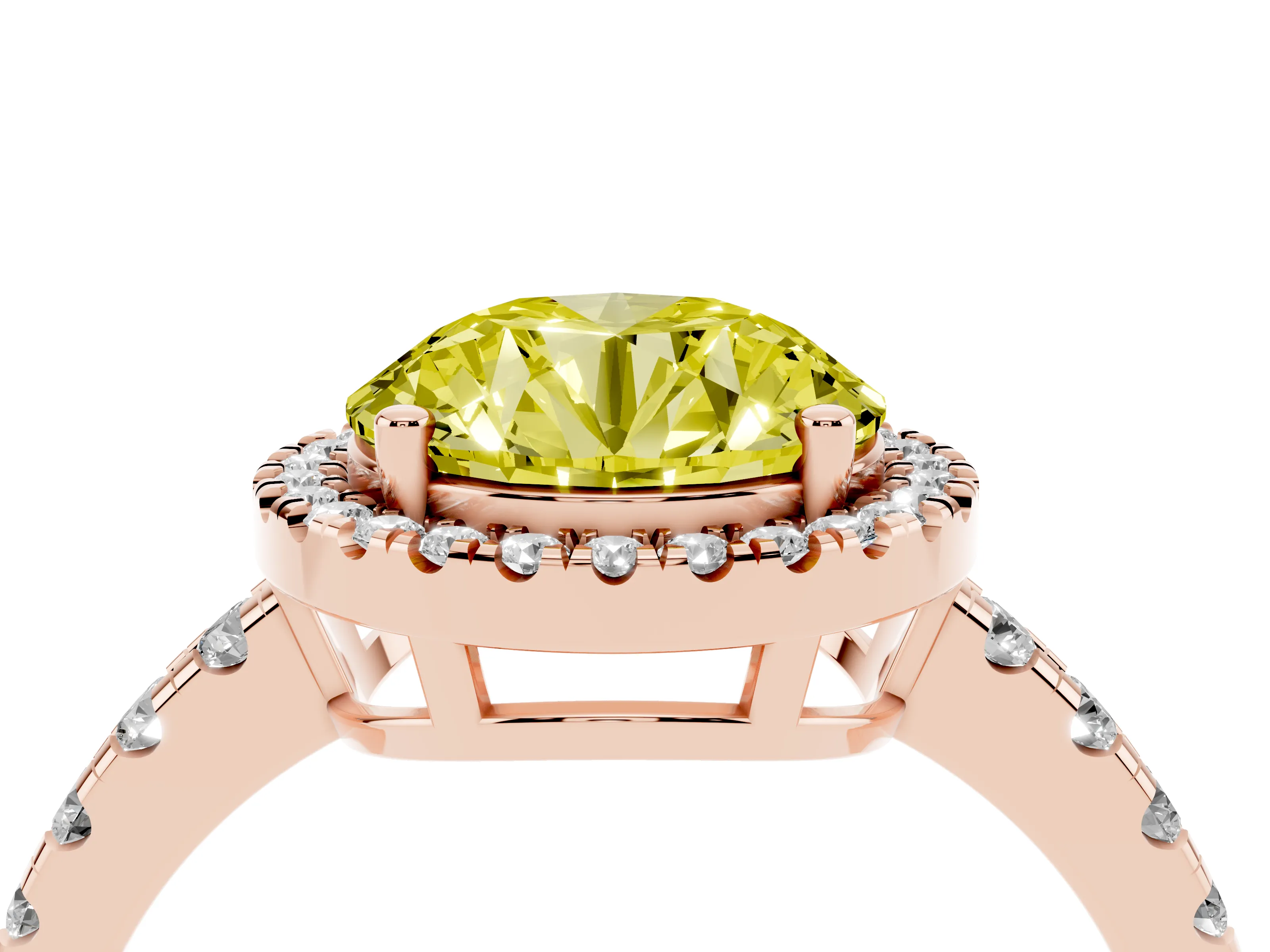 Fancy Yellow Round Cut Diamond Halo Ring Set in Rose gold with Delicate Pavé Band and Prong Setting
