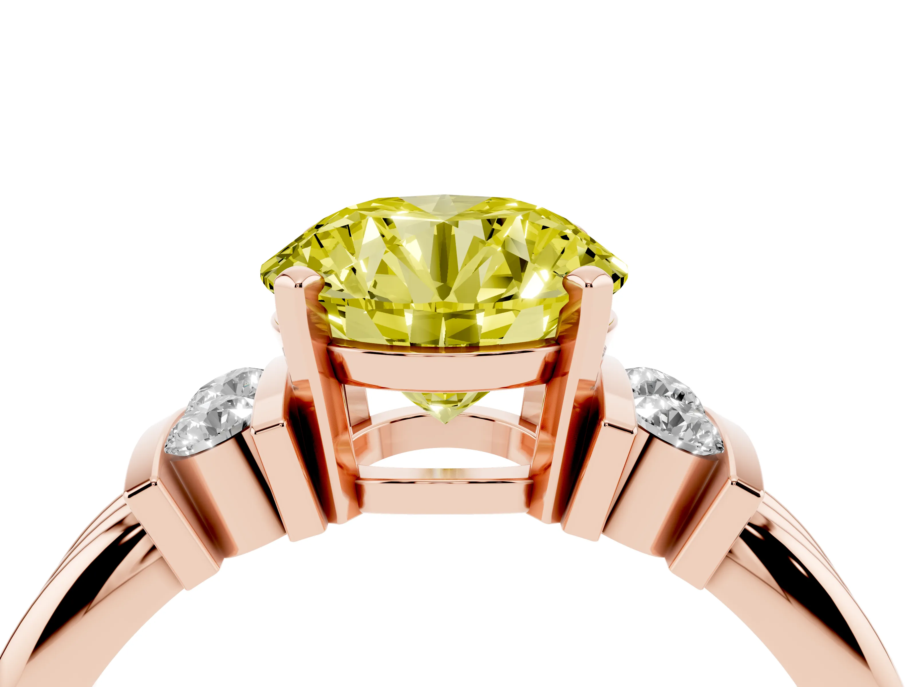 Fancy Yellow Three-Stone Round Cut Diamond Channel Set Ring Set in Rose gold with Bar Prongs