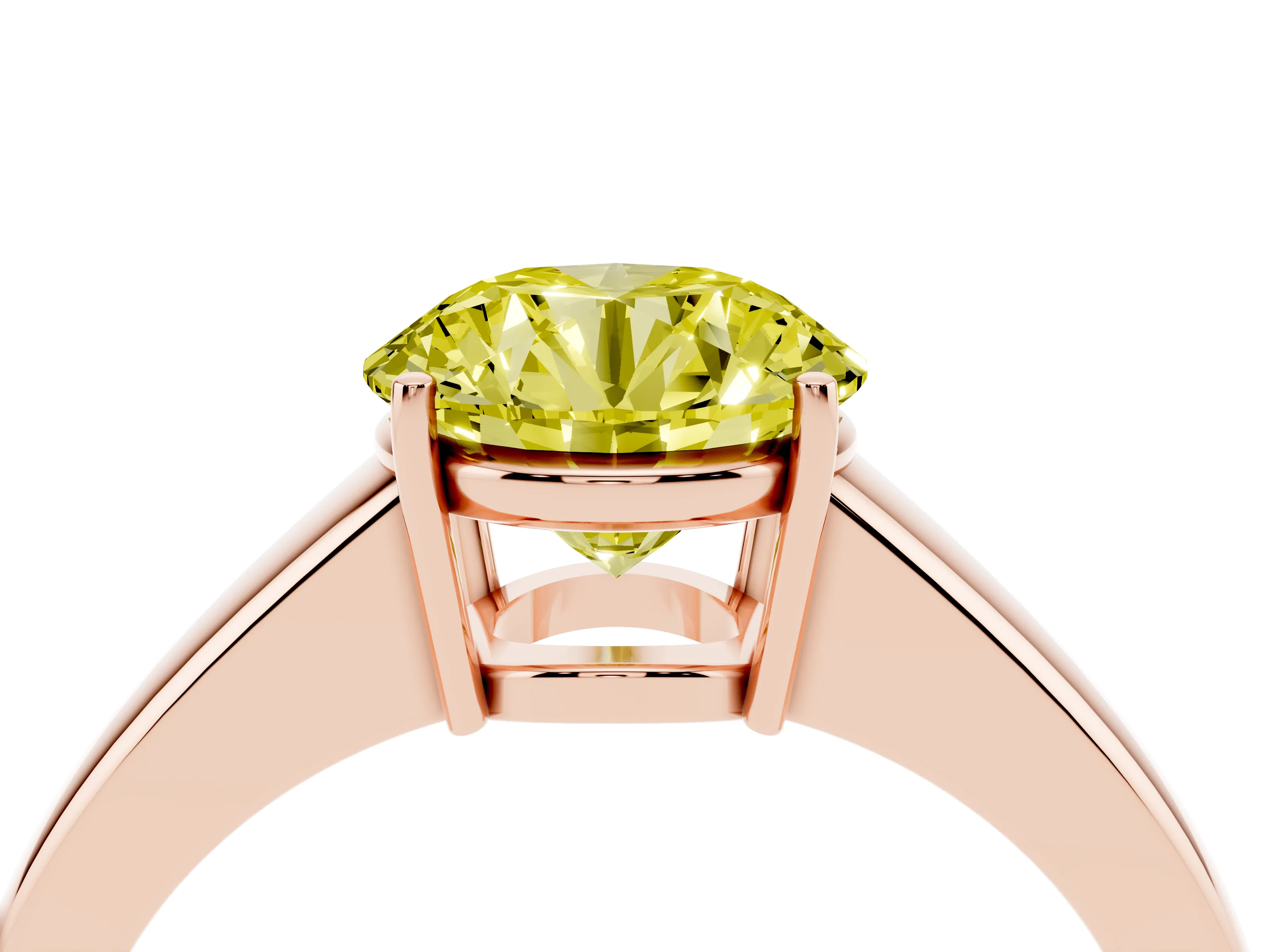 Fancy Yellow Round Cut Diamond Solitaire Ring Set in Rose gold with Tapered Band and Prong Setting