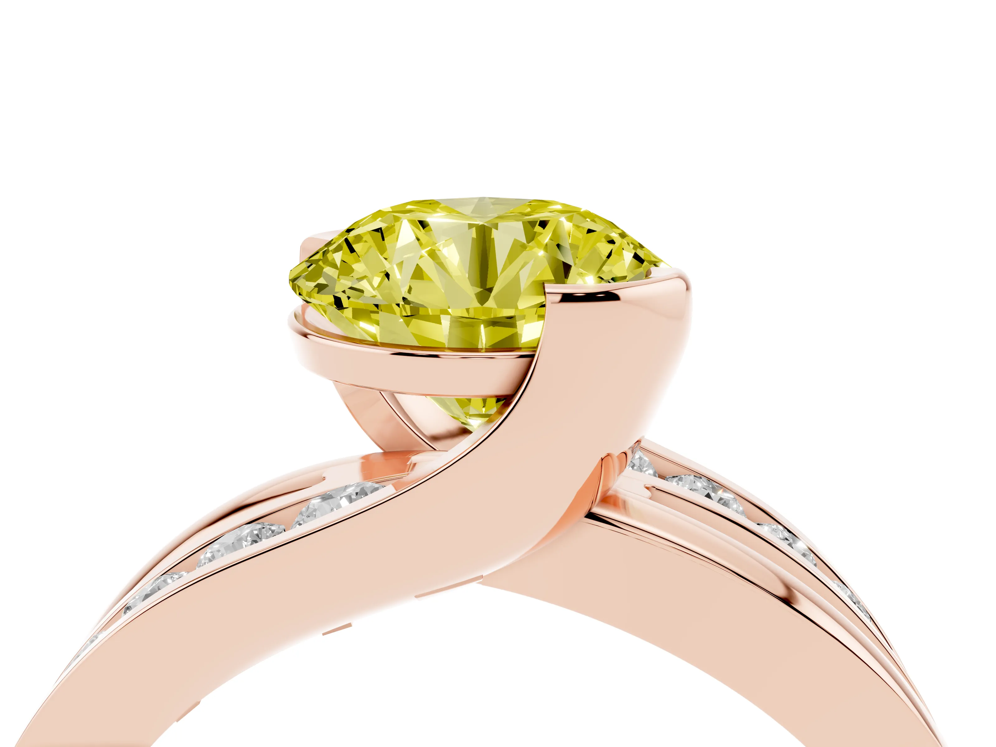 Fancy Yellow Round Cut Diamond Solitaire Ring Set in Rose gold with Channel Set Split Shank and Tension Prongs