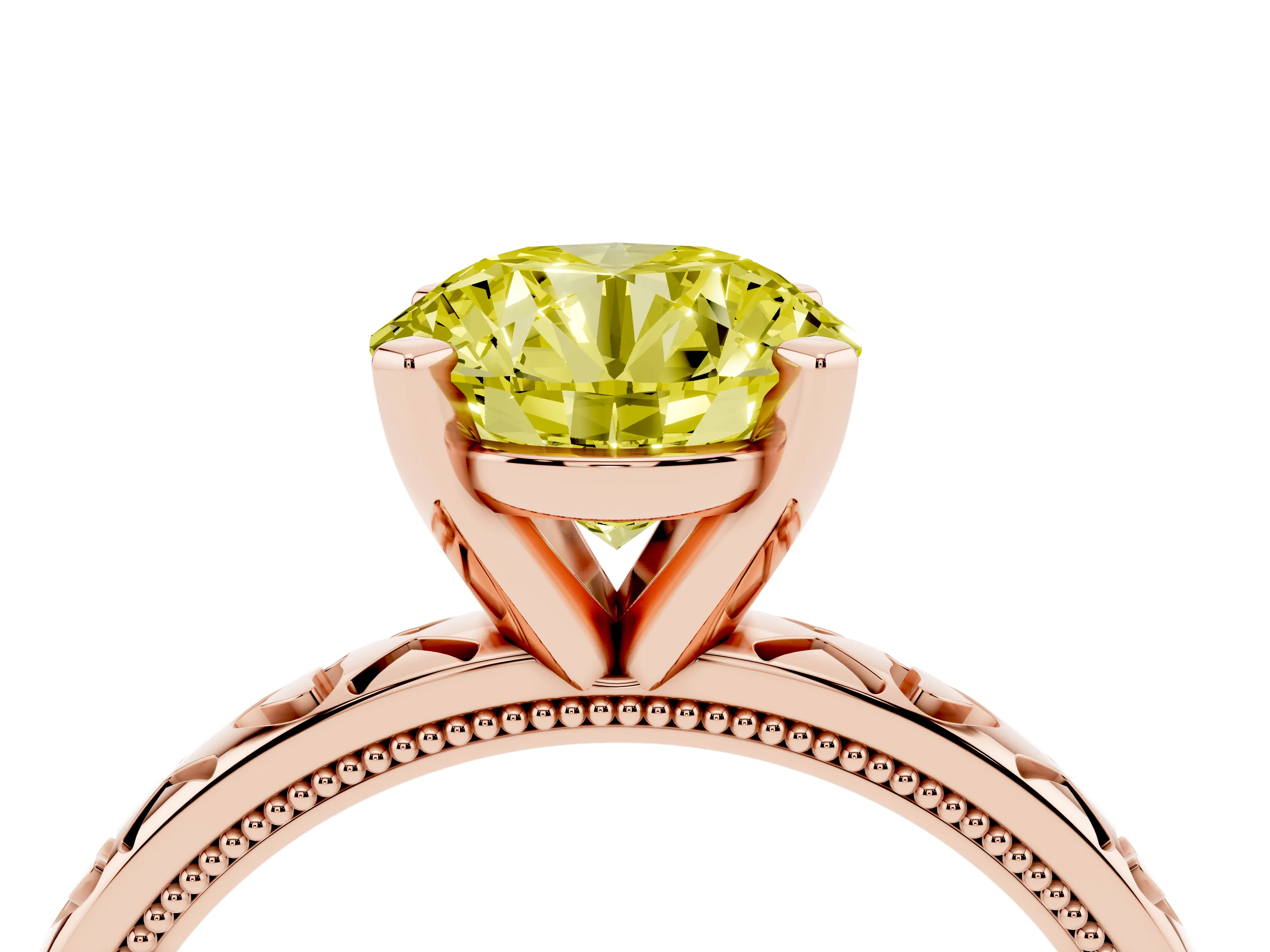 Fancy Yellow Round Cut Diamond Solitaire Engagement Ring Set in Rose gold with XO Engraved Band and Prong Setting