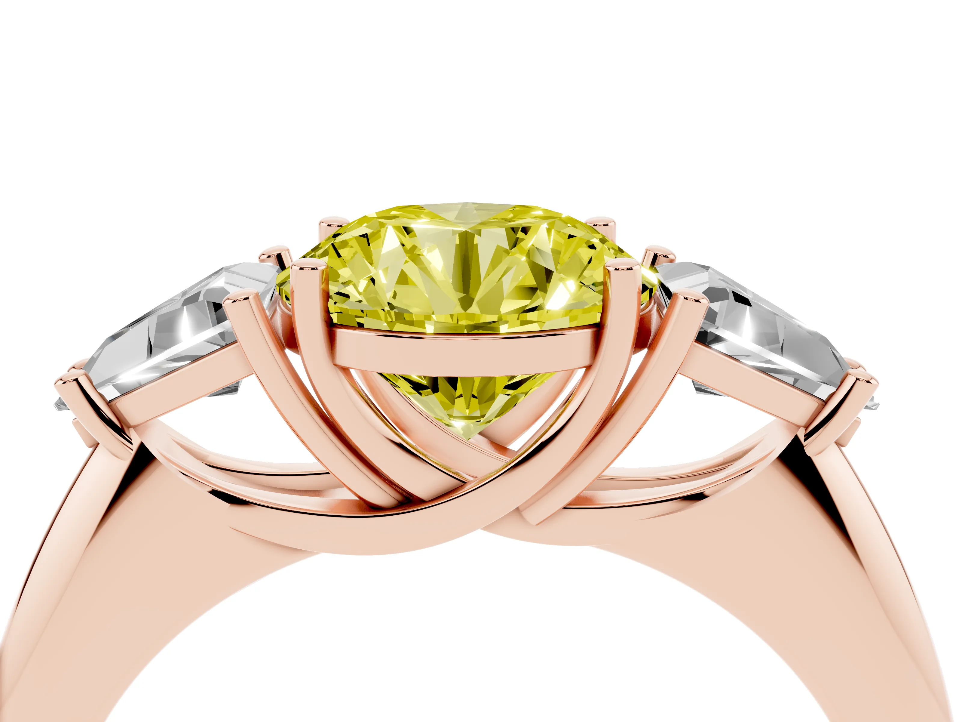 Fancy Yellow Round Cut Diamond Three-Stone Engagement Ring Set in Rose gold with Trillion Side Stones