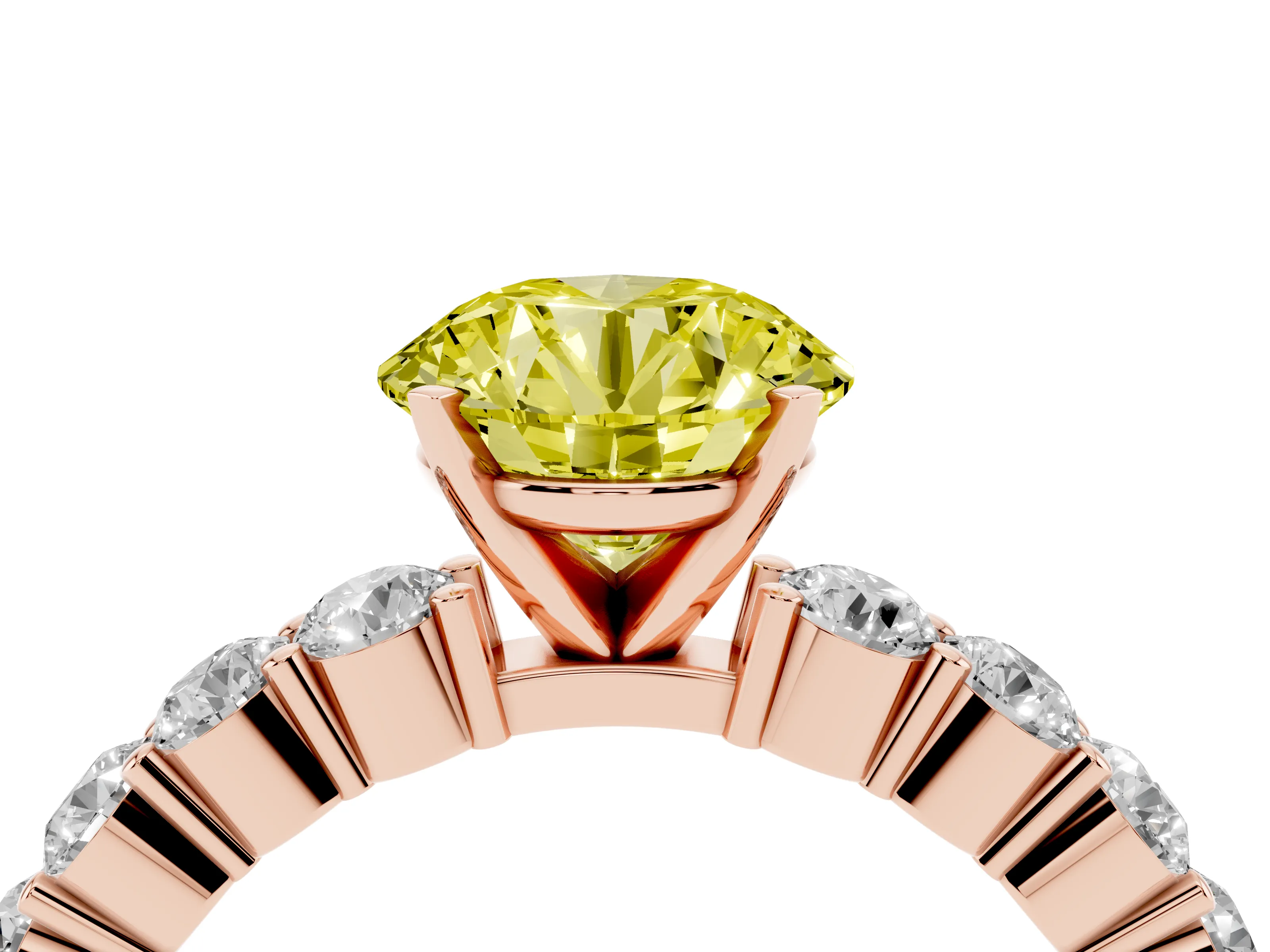 Fancy Yellow Round Cut Diamond Solitaire Ring Set in Rose gold with Shared Prong Round Side Stones