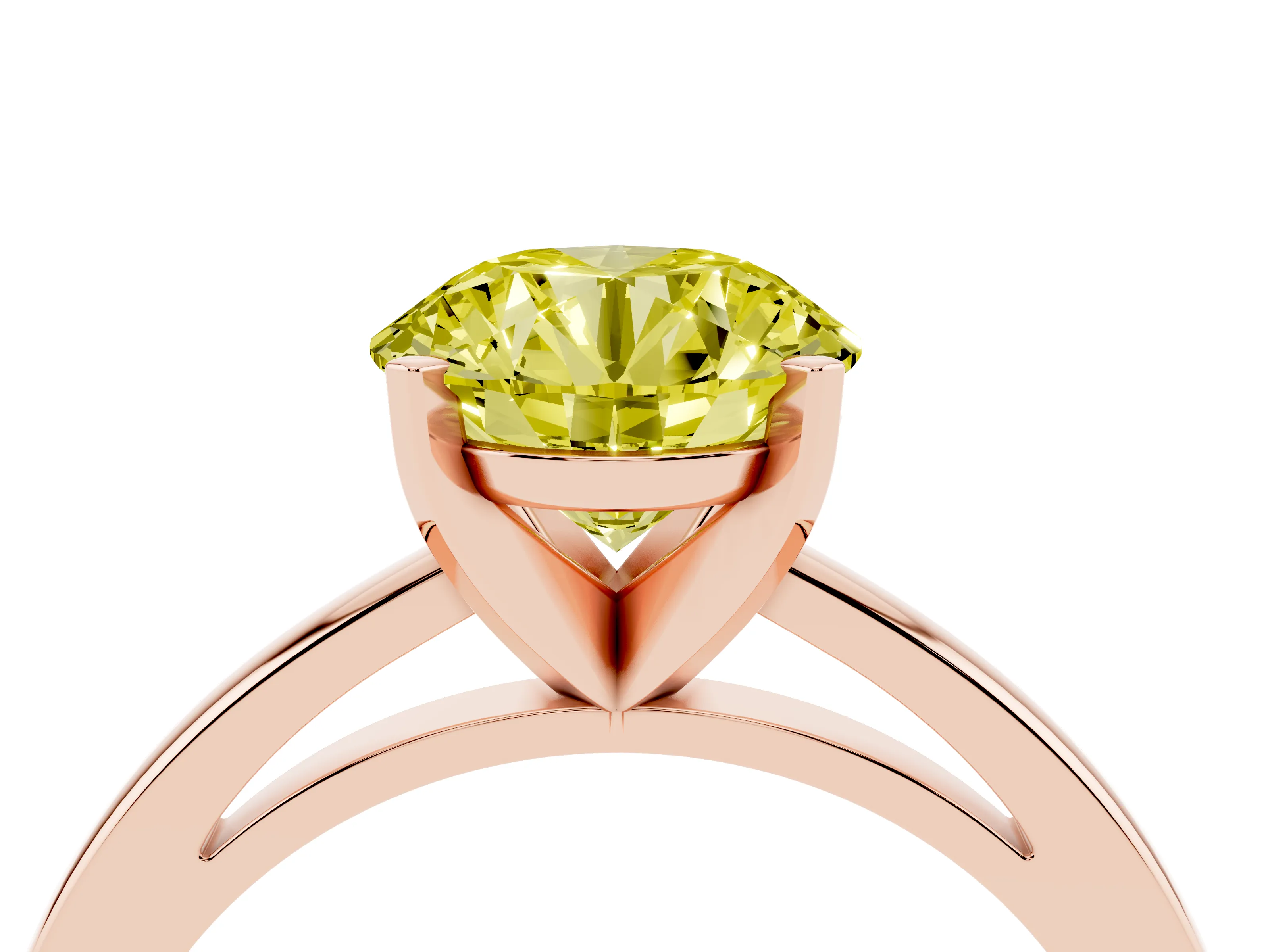 Fancy Yellow Round Cut Diamond Solitaire Engagement Ring Set in Rose gold with Prong Setting on a Classic Band