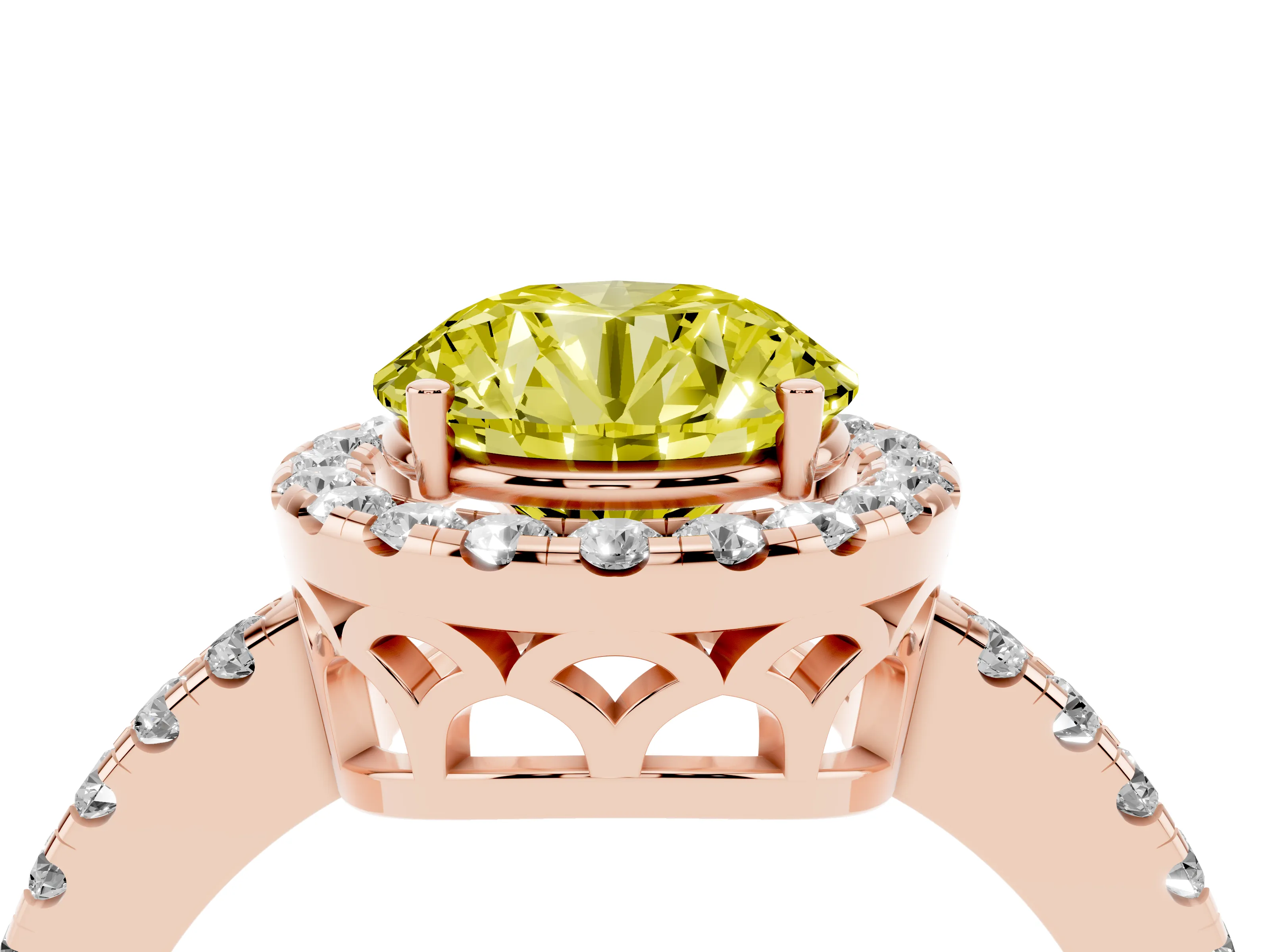 Fancy Yellow Round Cut Diamond Pavé Band Halo Engagement Ring Set in Rose gold with Prong Setting